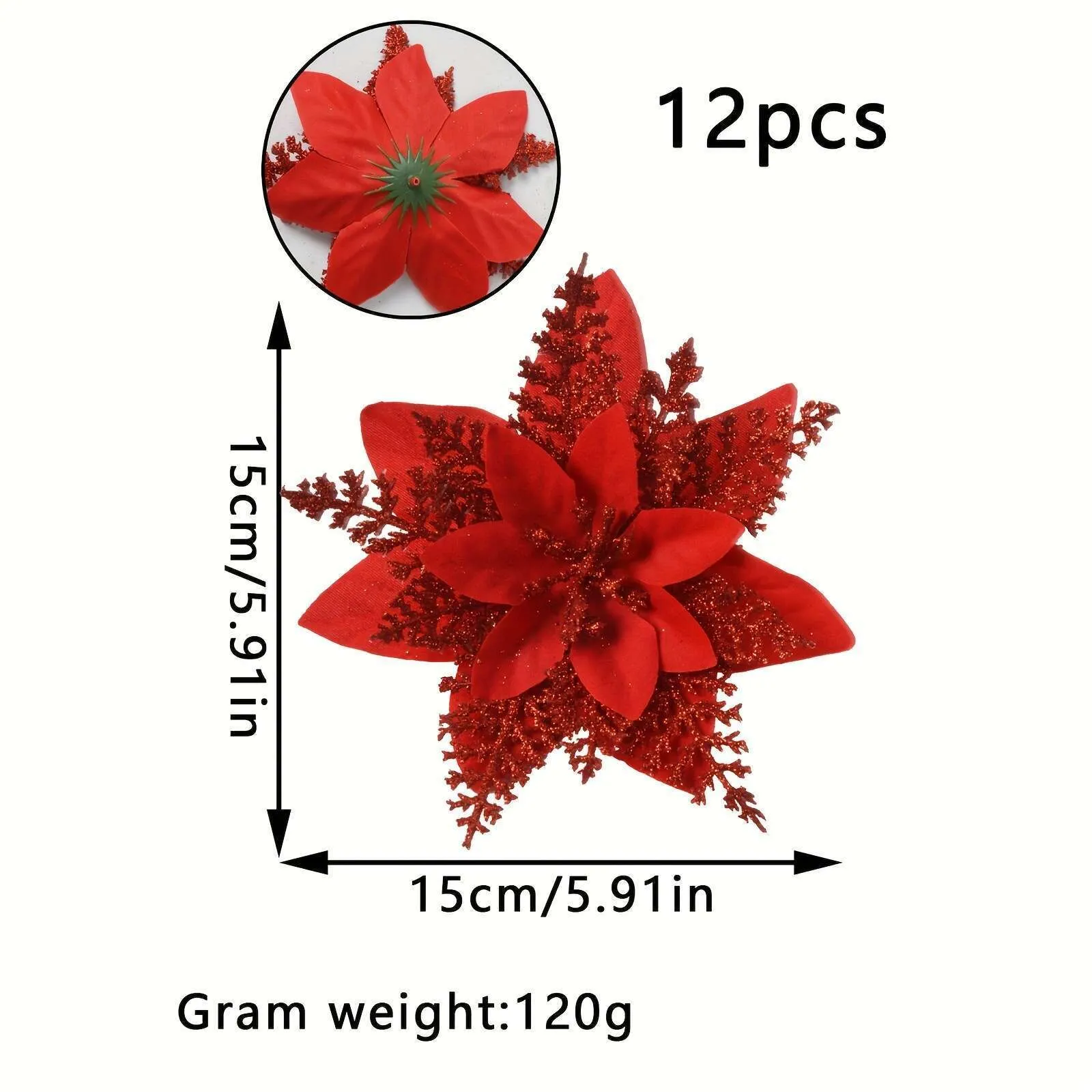 12pcs Large 5.91 Sparkling Poinsettia Artificial Flowers - Perfect for Christmas Tree & Home Party Decorations