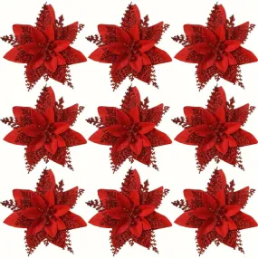 12pcs Large 5.91 Sparkling Poinsettia Artificial Flowers - Perfect for Christmas Tree & Home Party Decorations