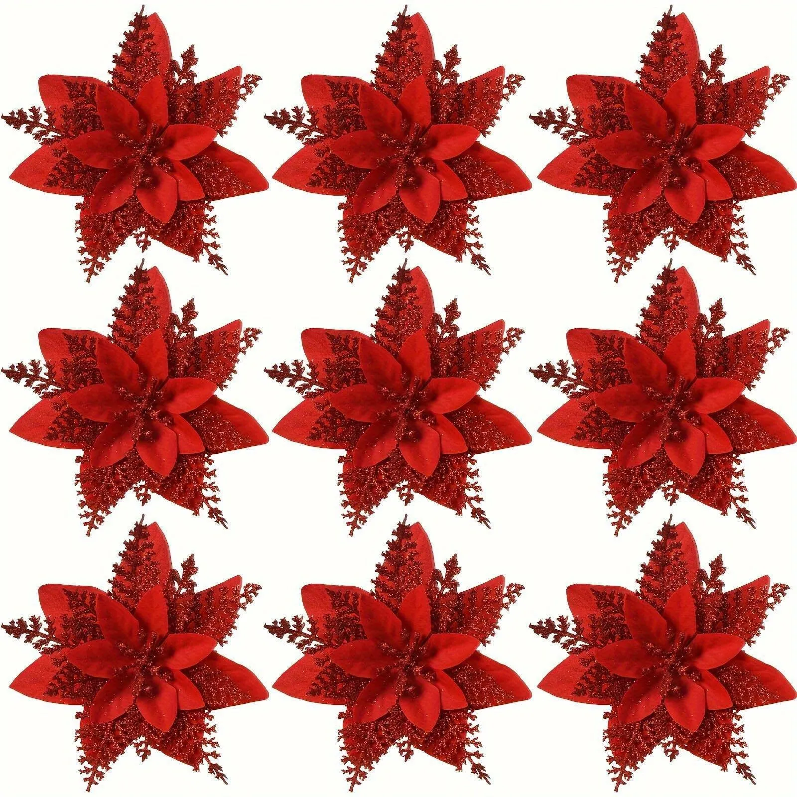 12pcs Large 5.91 Sparkling Poinsettia Artificial Flowers - Perfect for Christmas Tree & Home Party Decorations