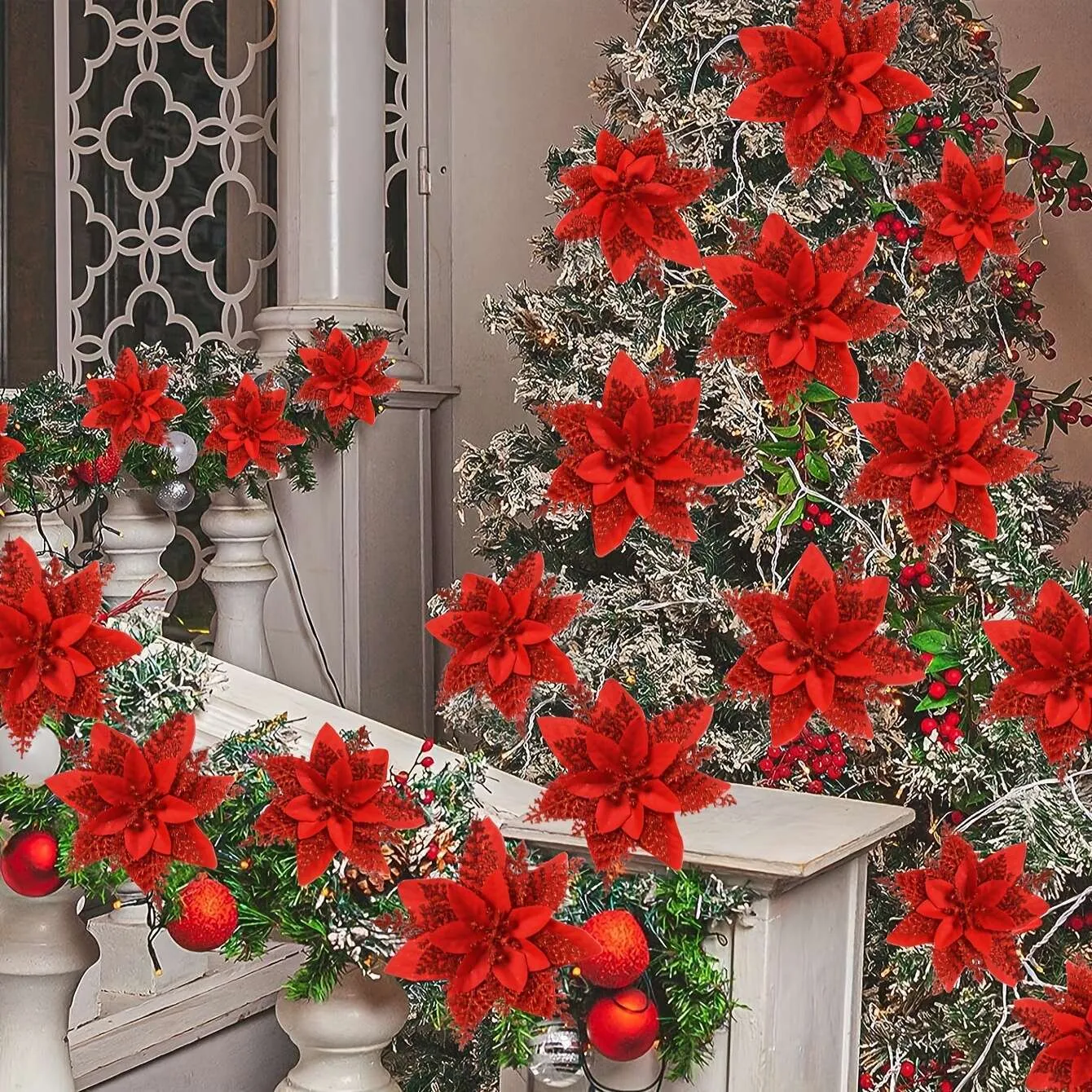 12pcs Large 5.91 Sparkling Poinsettia Artificial Flowers - Perfect for Christmas Tree & Home Party Decorations