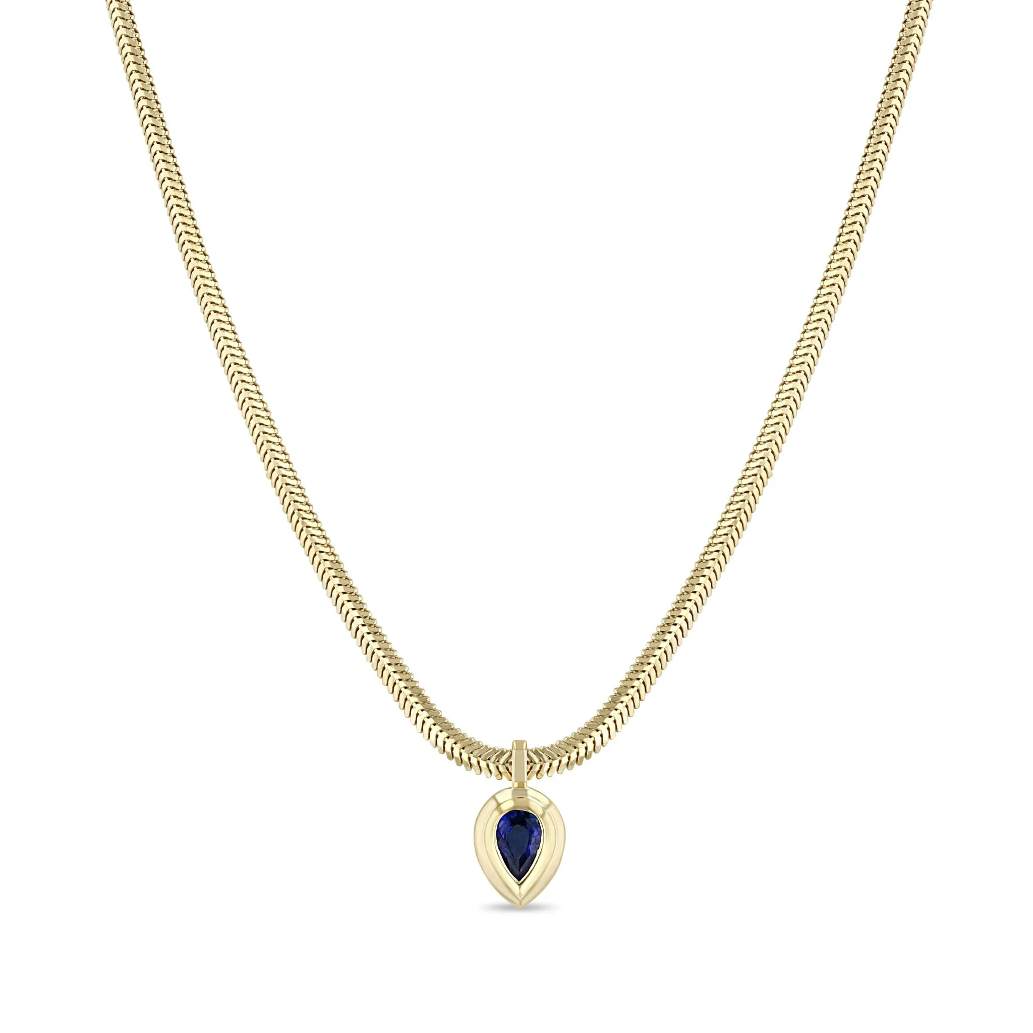 14k Pear Blue Sapphire Bezel Pendant Snake Chain Necklace