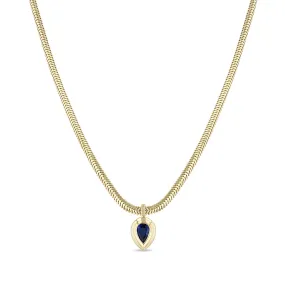 14k Pear Blue Sapphire Bezel Pendant Snake Chain Necklace