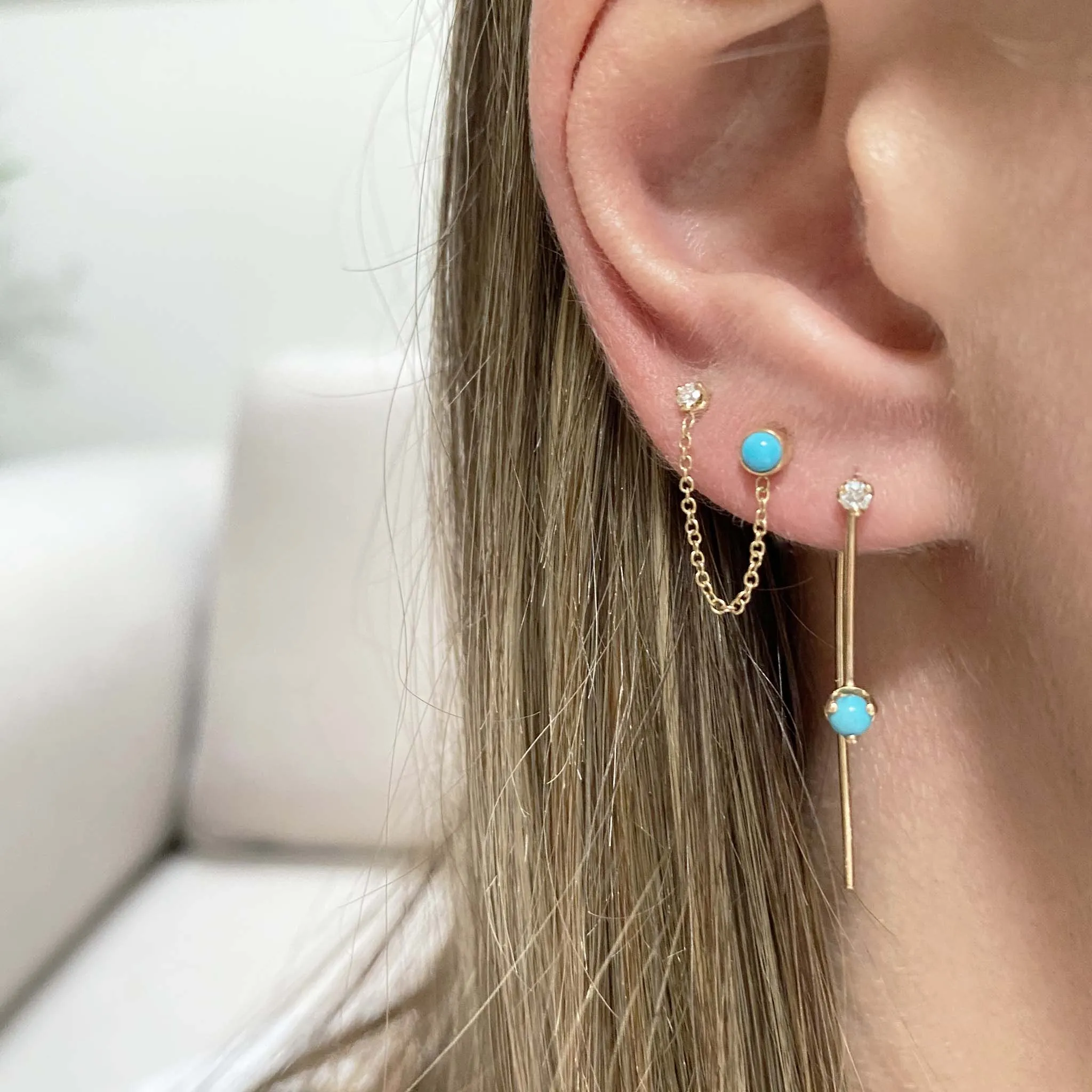 14k Turquoise & Diamond Double Stud Chain Earring