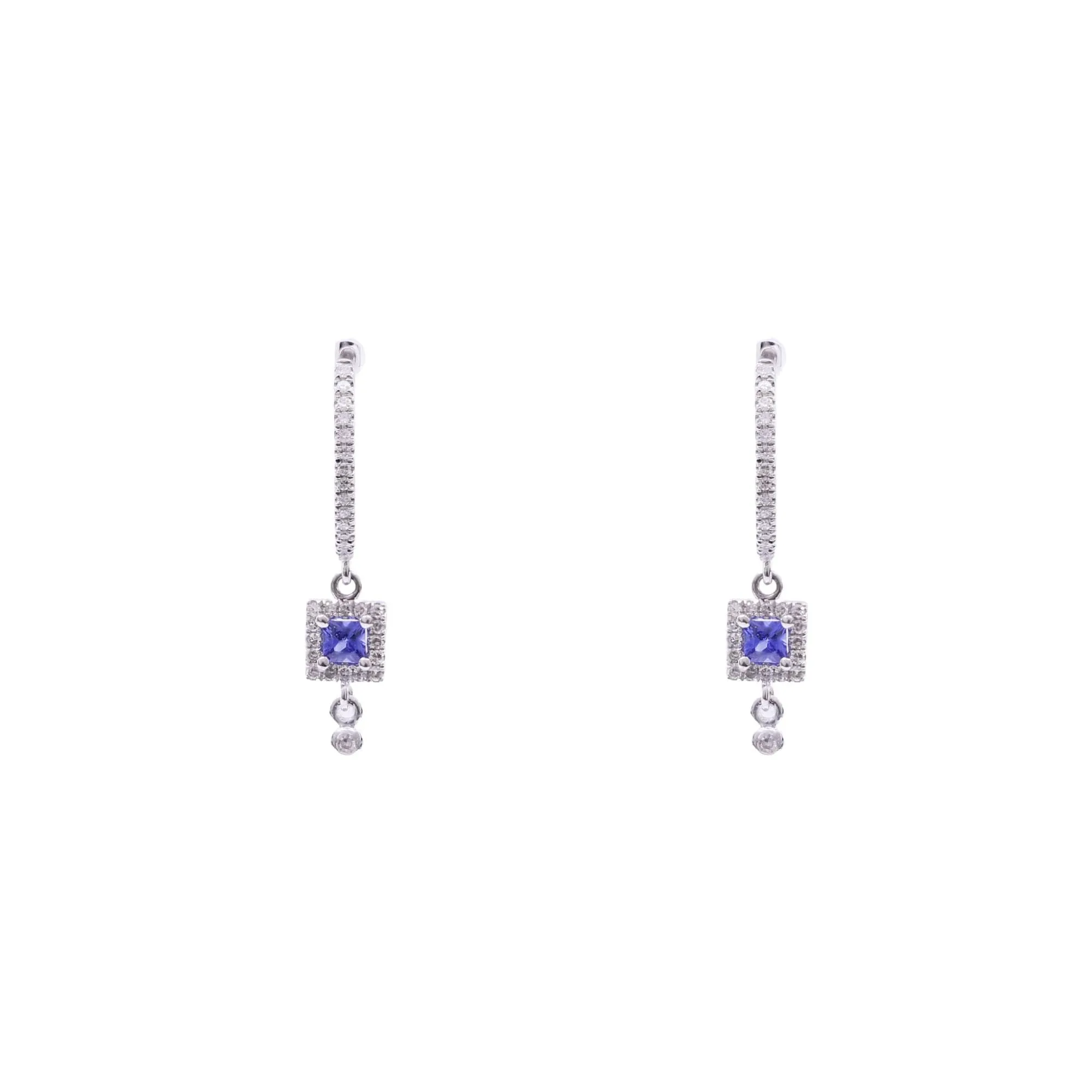 14K WHITE GOLD DIAMOND FRAMED SAPPHIRE DANGLE HOOP EARRINGS