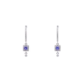 14K WHITE GOLD DIAMOND FRAMED SAPPHIRE DANGLE HOOP EARRINGS