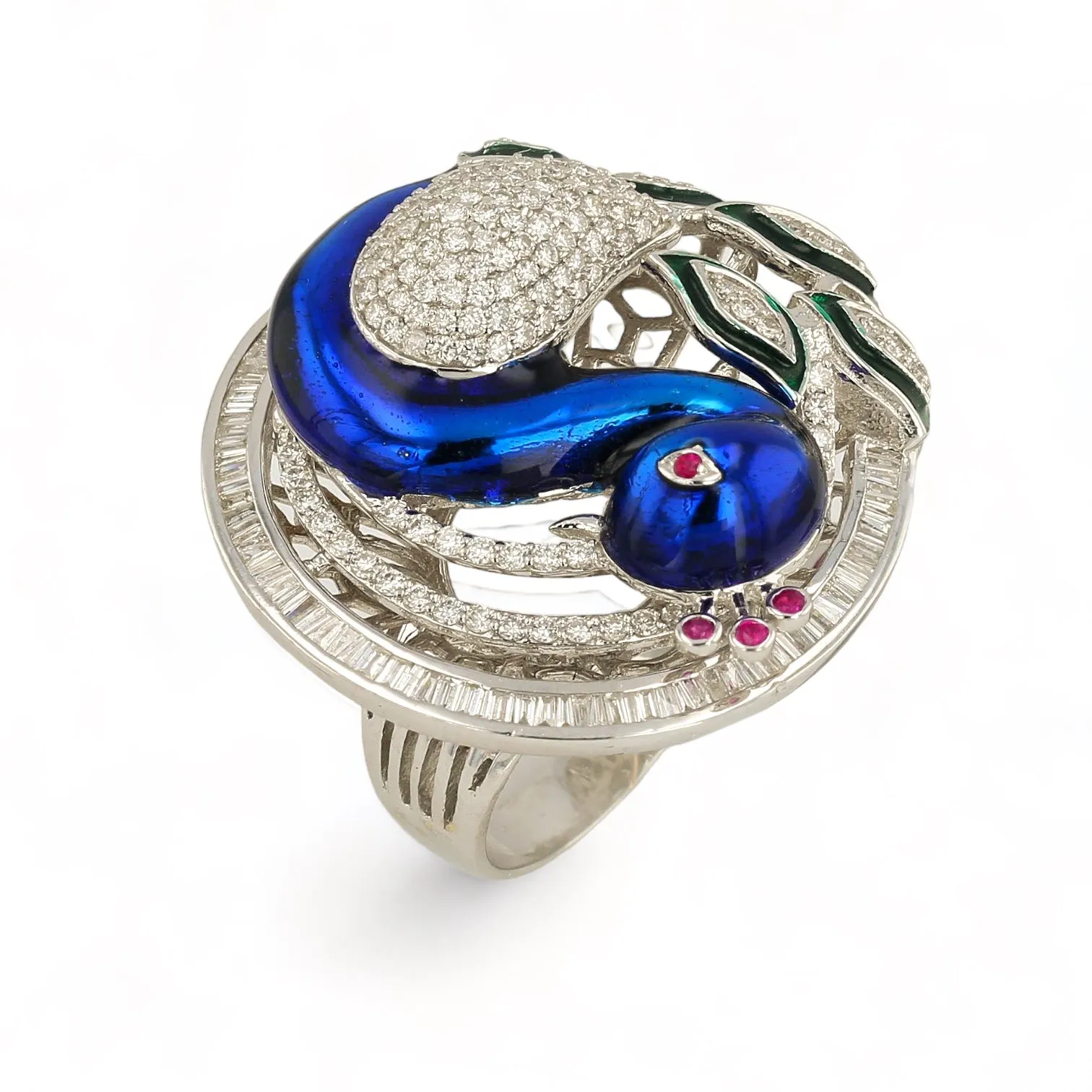 18K White gold peacock enamel with diamonds estate ring EFFY brand-28382