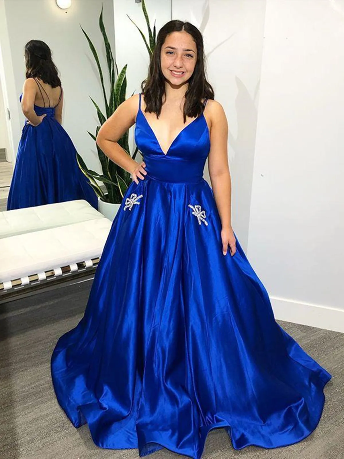 A-line V Neck Satin Long Prom Dresses with Pockets Royal Blue Backless Formal Evening Gowns