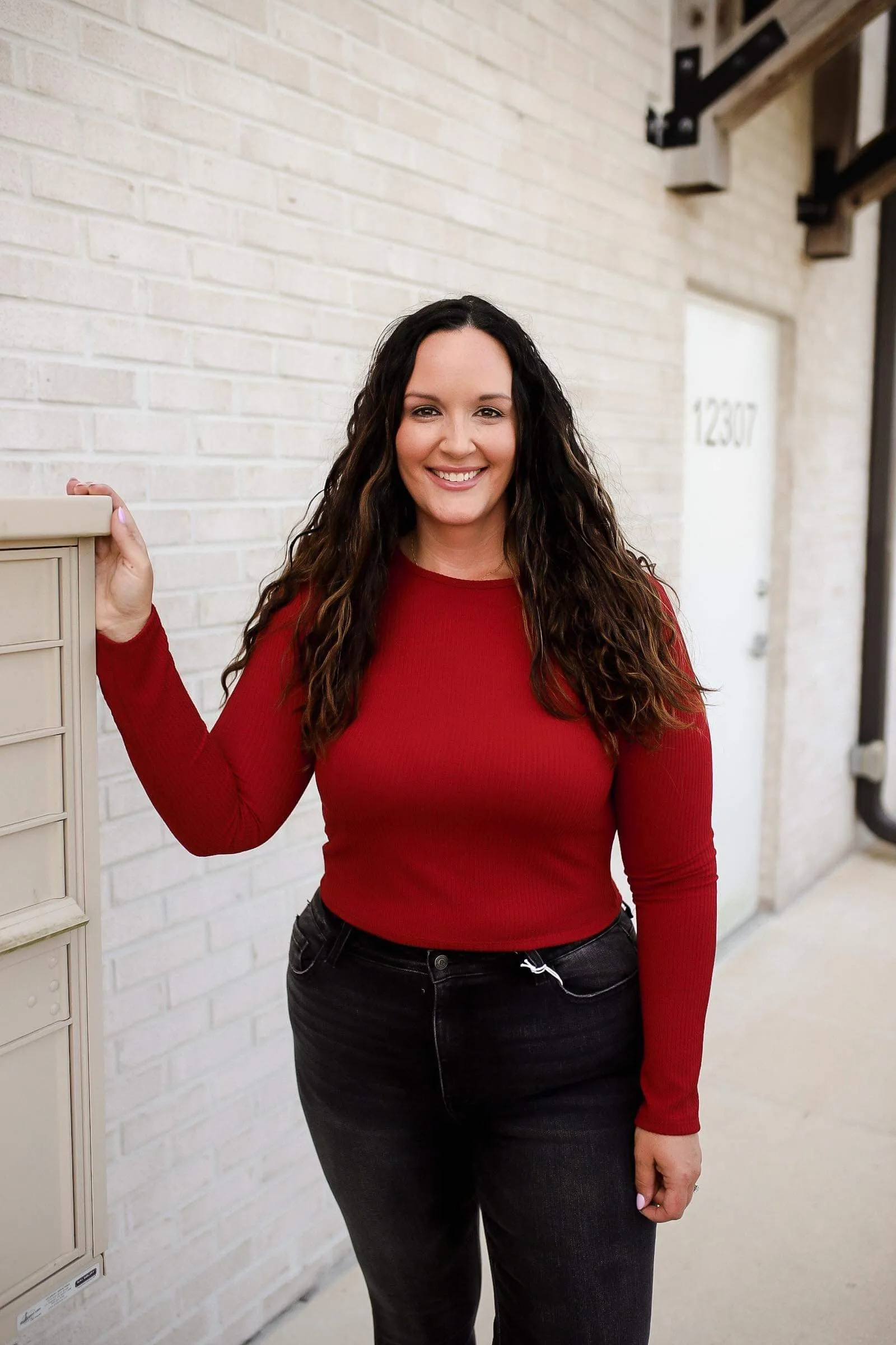 Abela Corded Rib Long Sleeve Top- Red