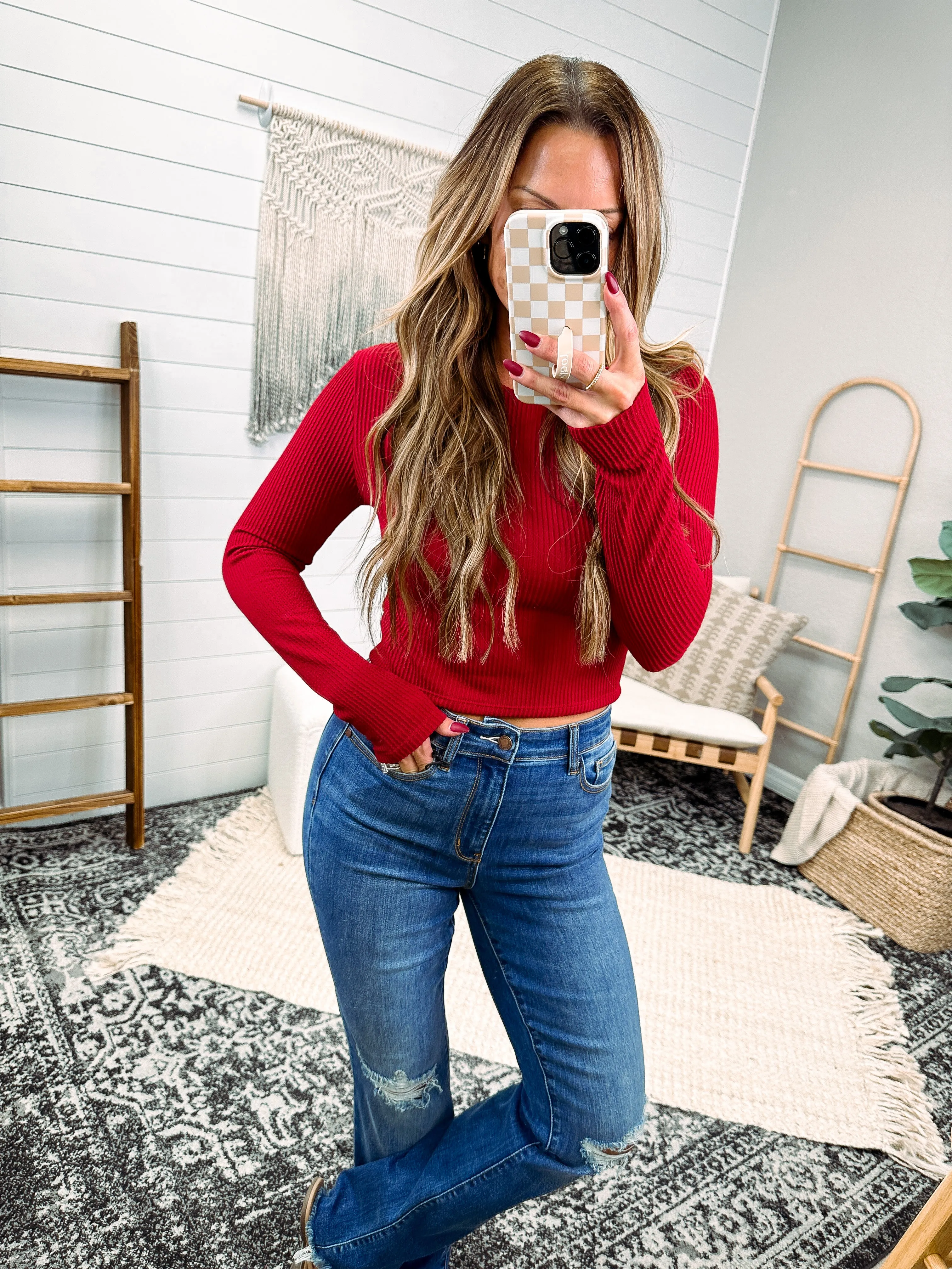 Abela Corded Rib Long Sleeve Top- Red