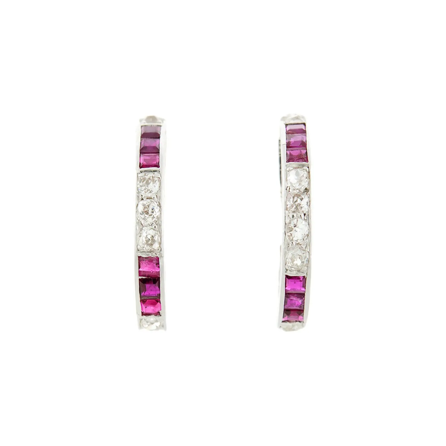 Art Deco 18k Diamond   Ruby Conversion Hoop Earrings