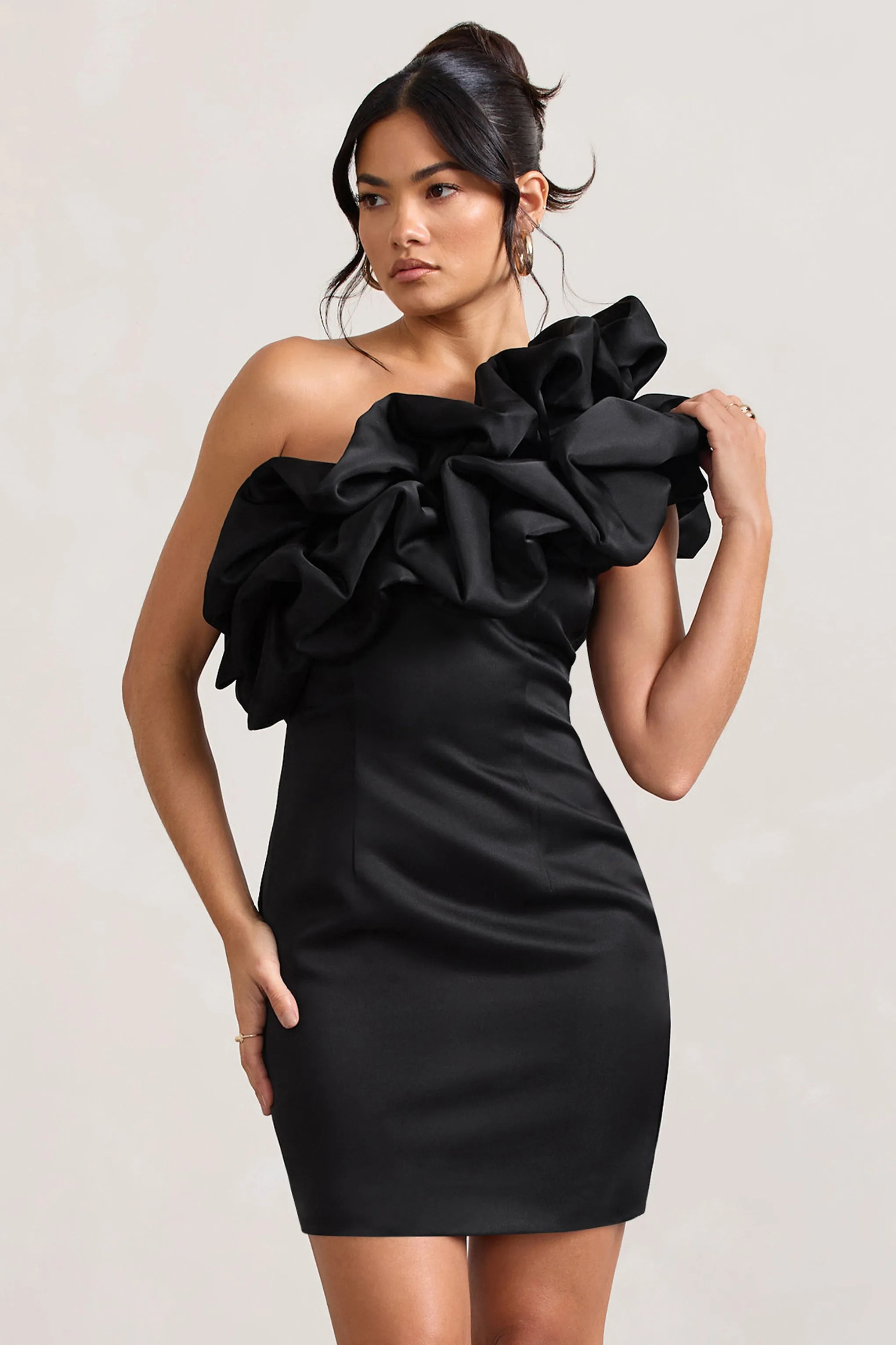 At The Opera | Black Satin One Shoulder Ruffled Mini Dress