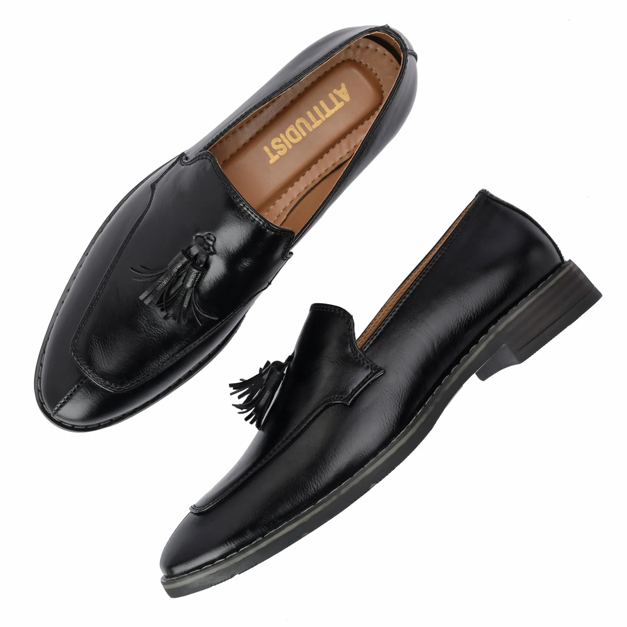 Attitudist Unisex Handcrafted Black Plain Tassel Loafer With Double Stitched Vamp