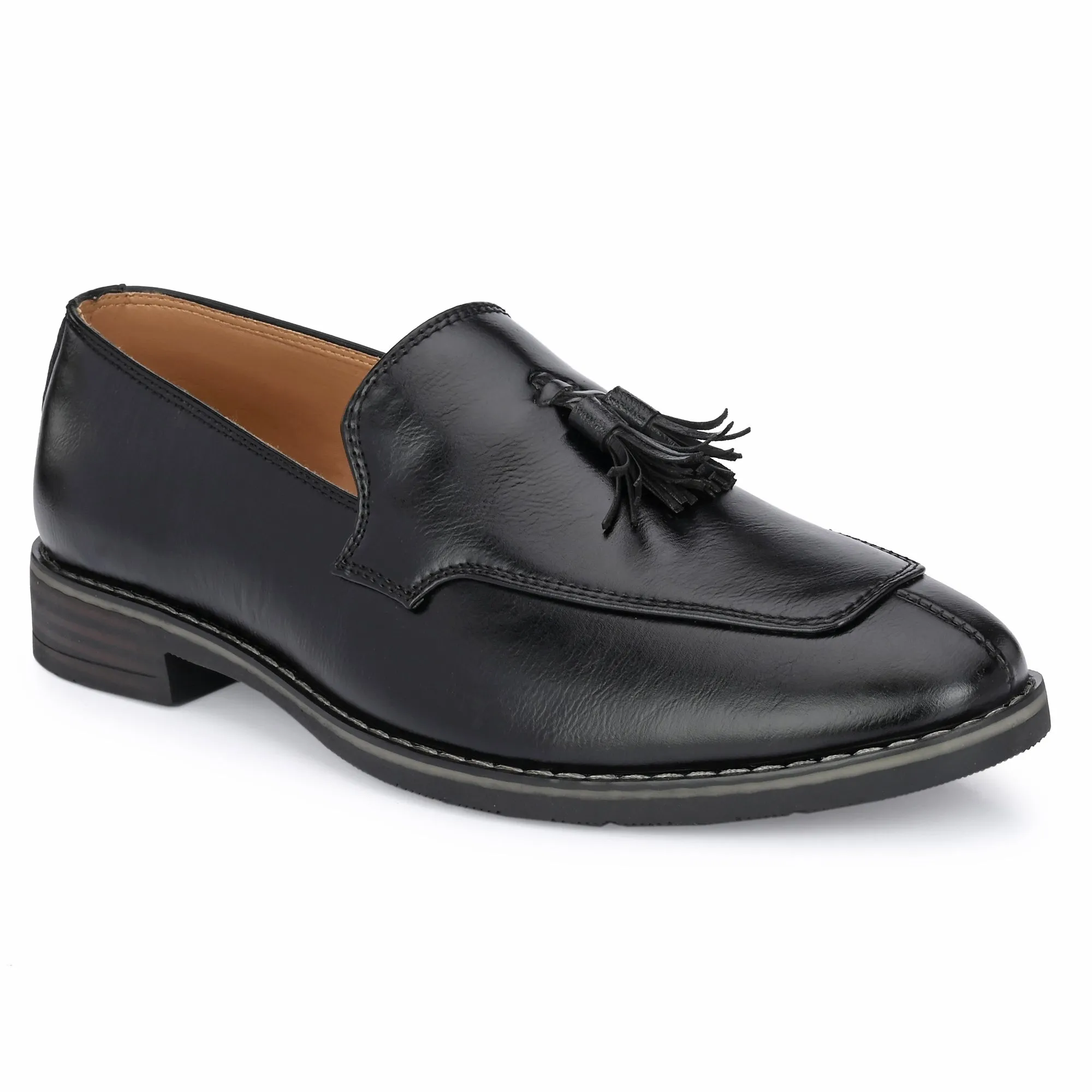 Attitudist Unisex Handcrafted Black Plain Tassel Loafer With Double Stitched Vamp