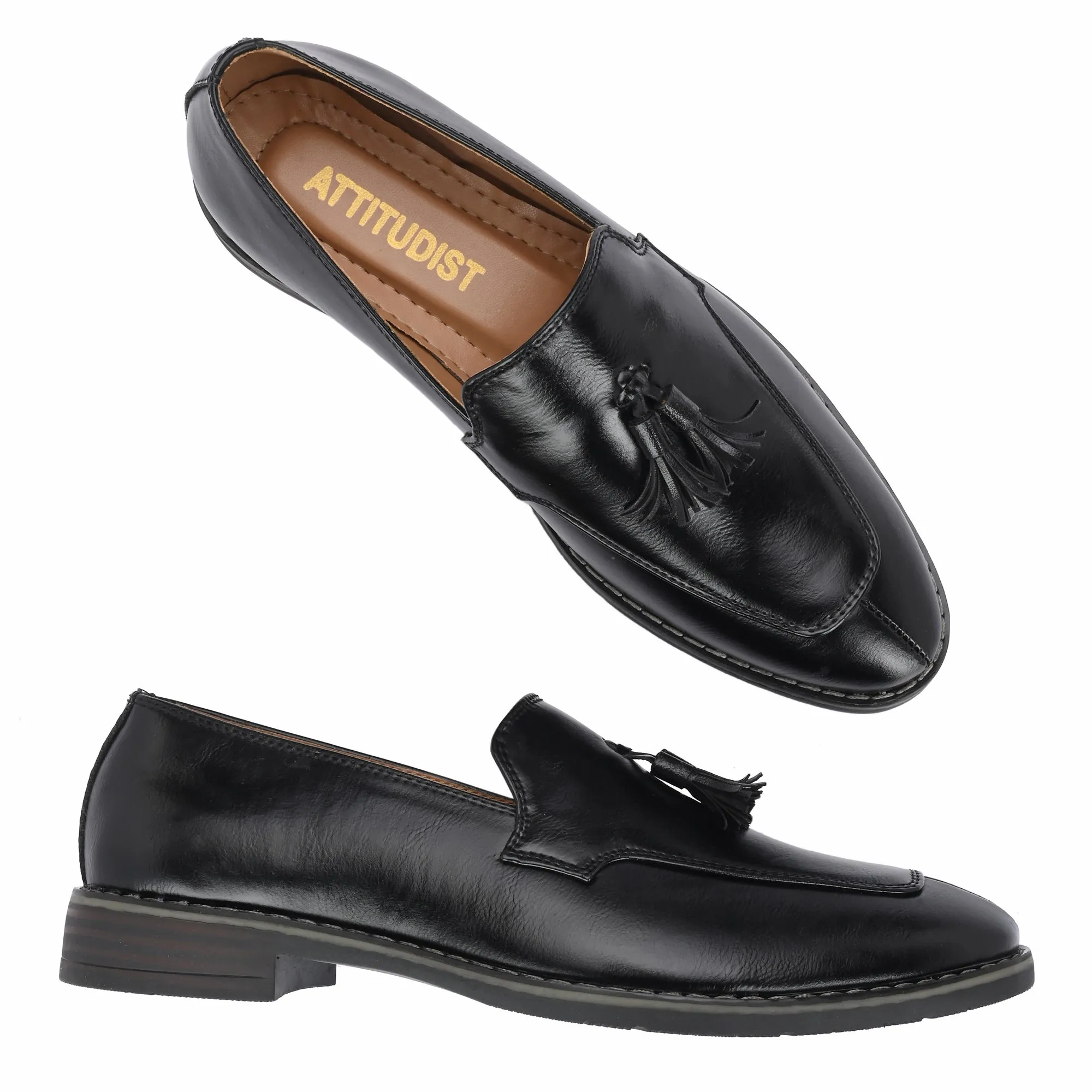 Attitudist Unisex Handcrafted Black Plain Tassel Loafer With Double Stitched Vamp