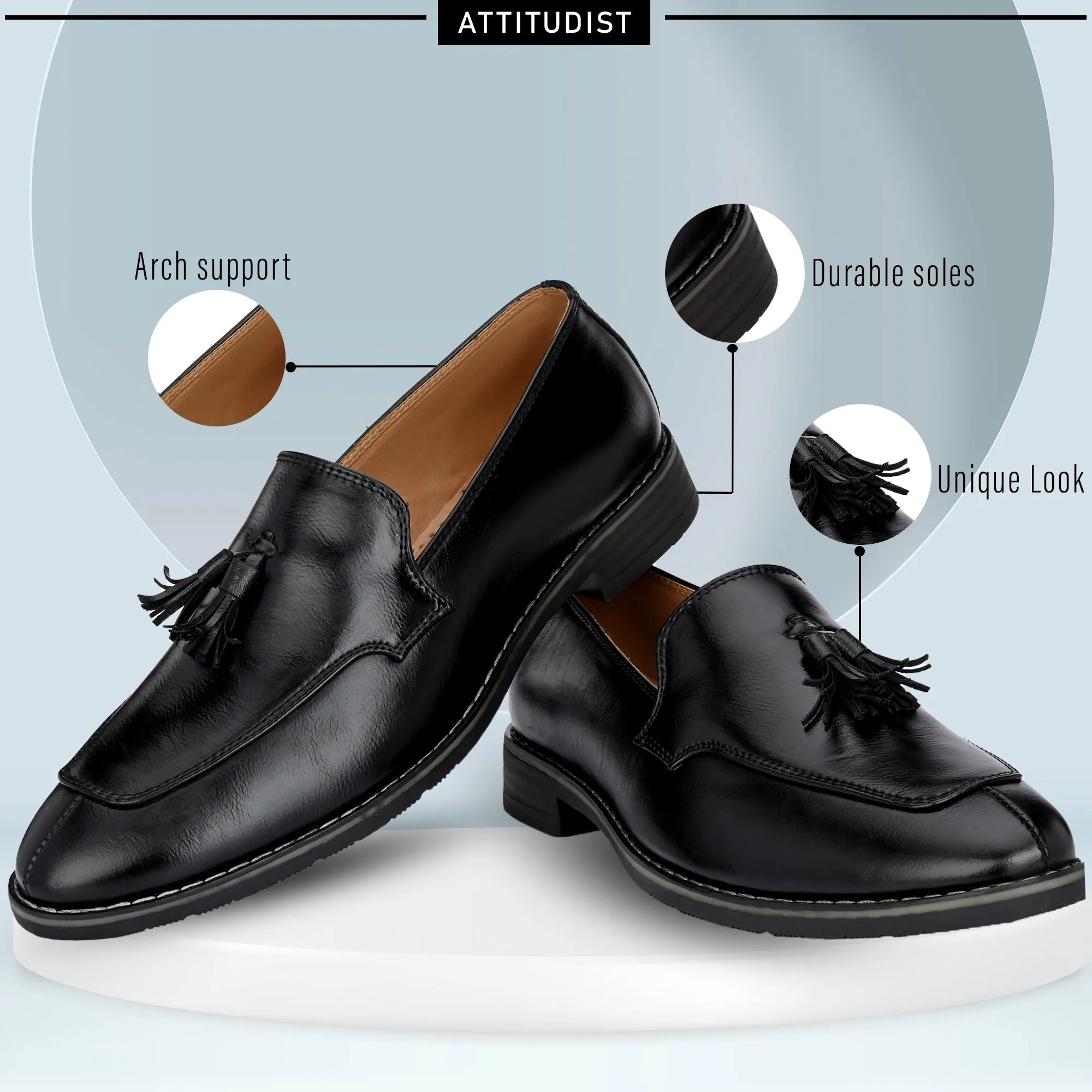 Attitudist Unisex Handcrafted Black Plain Tassel Loafer With Double Stitched Vamp