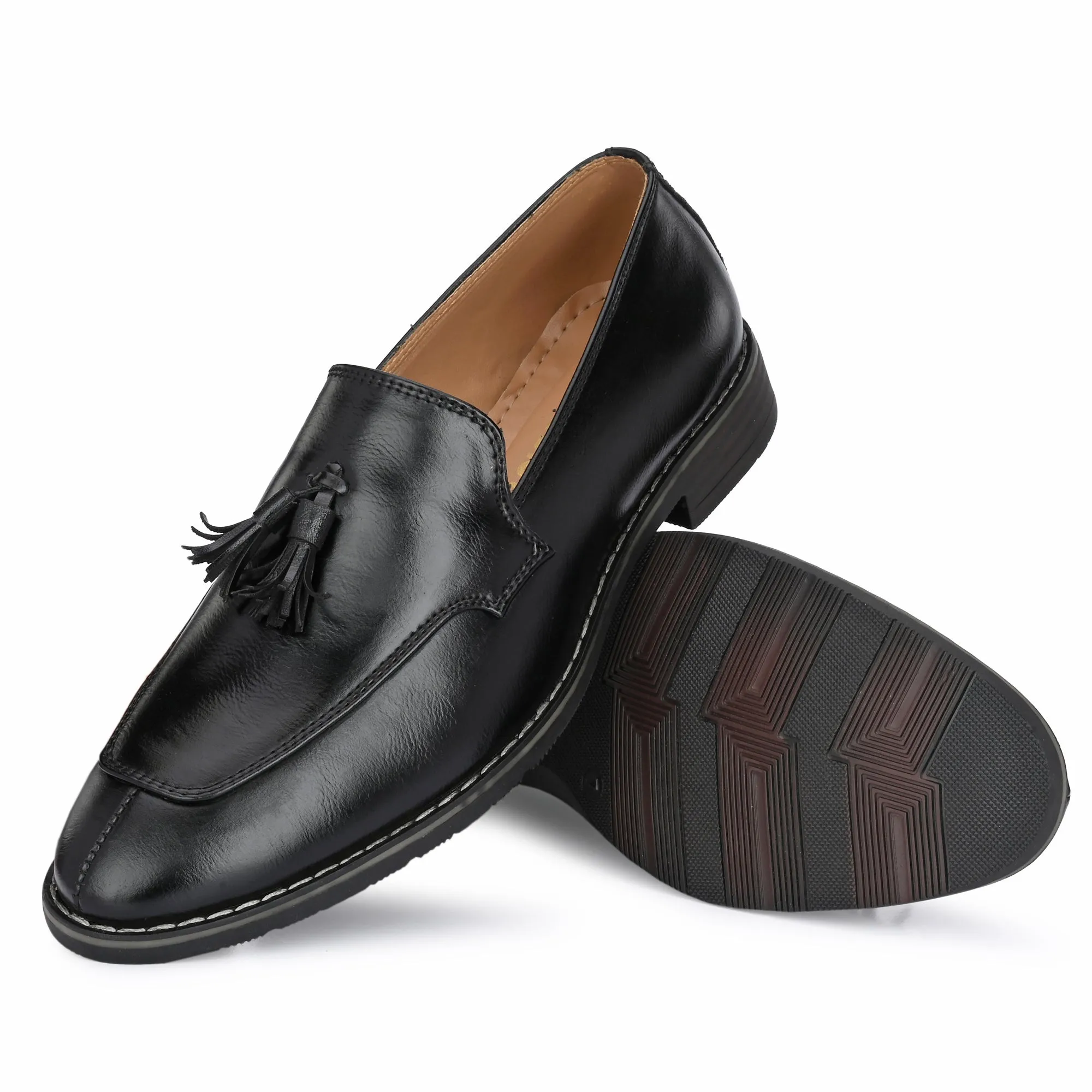 Attitudist Unisex Handcrafted Black Plain Tassel Loafer With Double Stitched Vamp