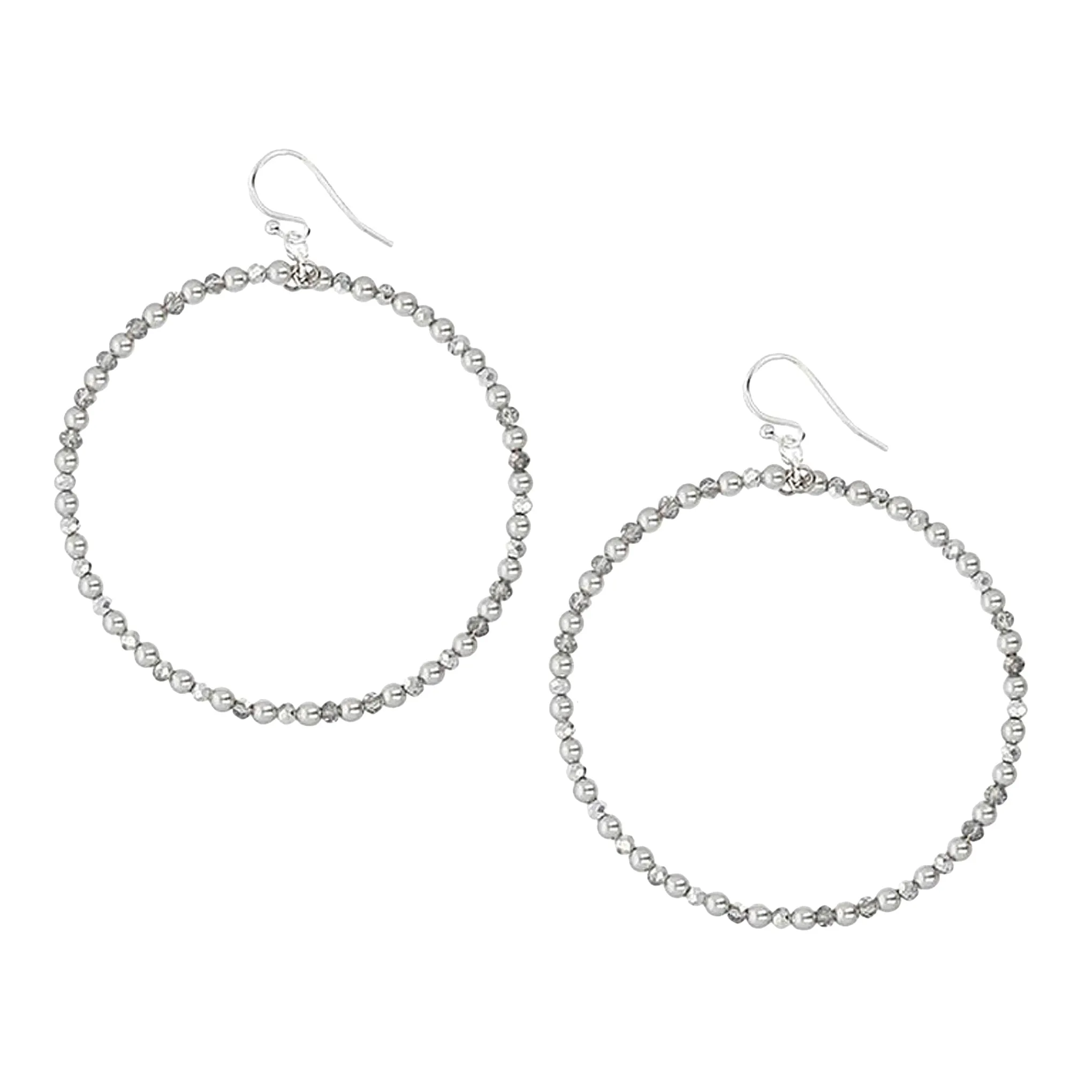 Chan Luu Silver Hoop Earrings in Grey Beads and Crystals