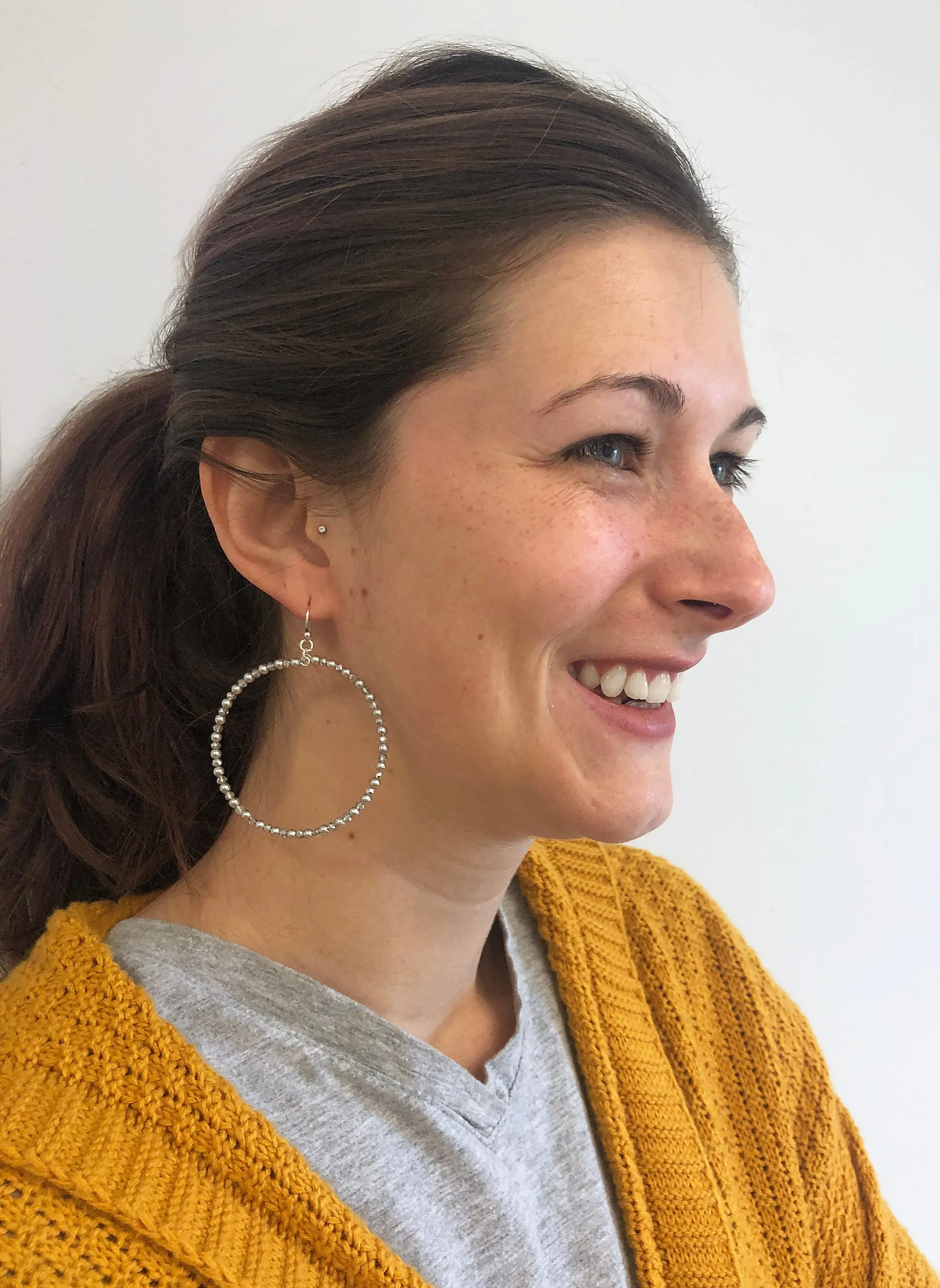 Chan Luu Silver Hoop Earrings in Grey Beads and Crystals