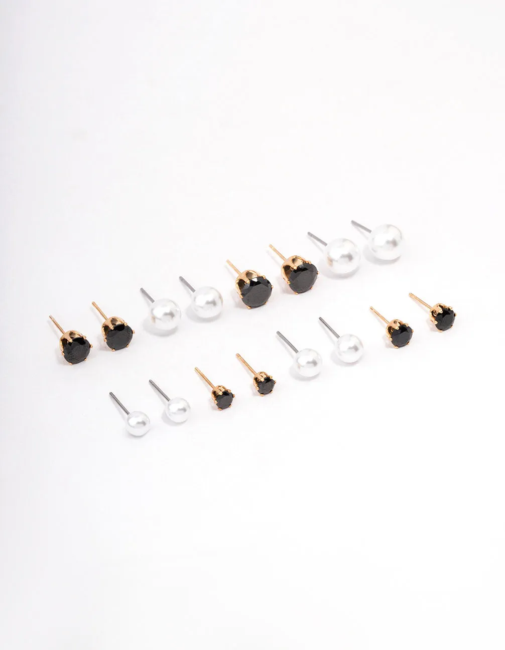 Gold Black Crystal & Pearl Stud Earring 8-Pack