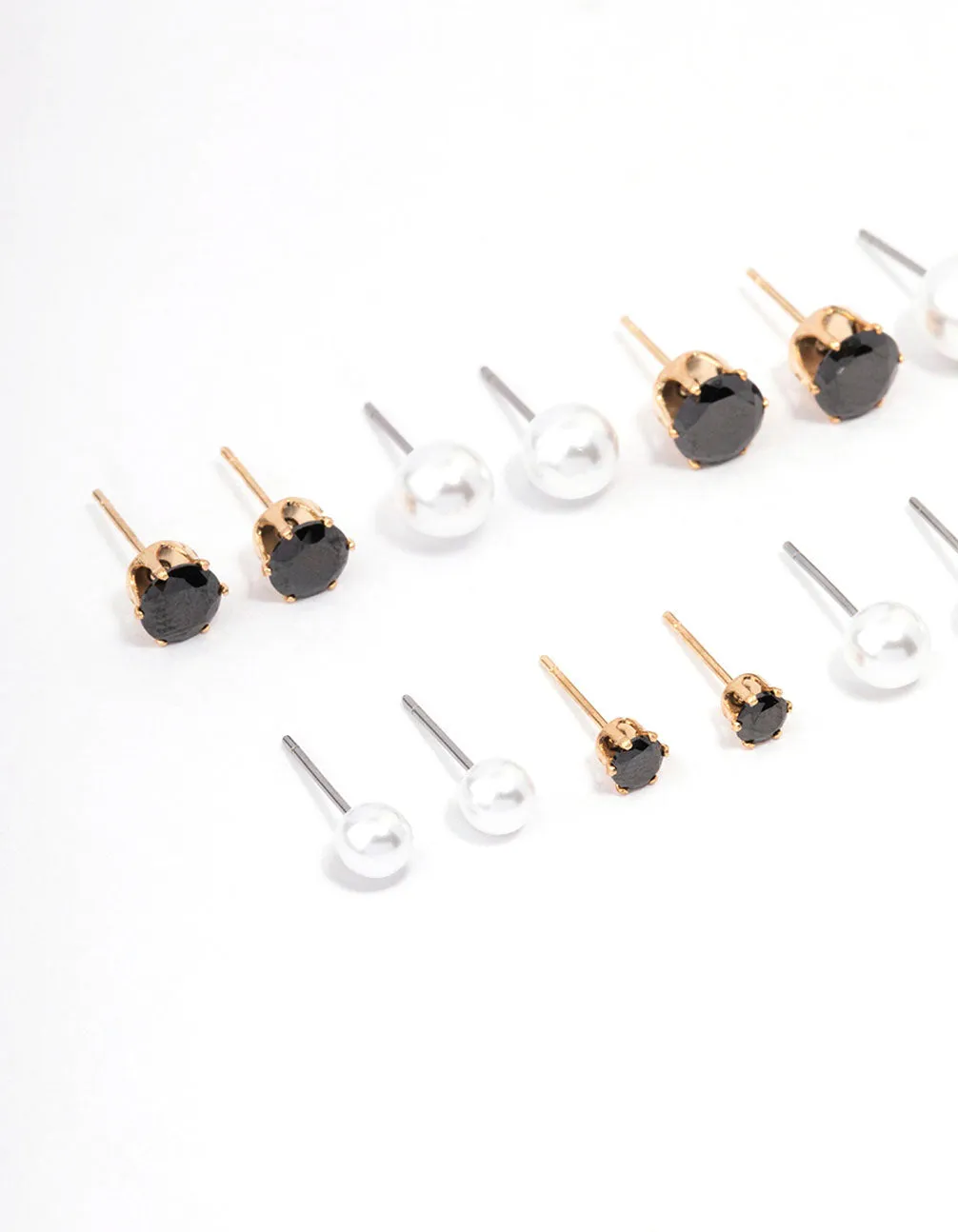 Gold Black Crystal & Pearl Stud Earring 8-Pack