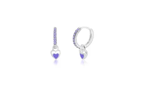 Heart Purple Crystal Round Palladium Plating Girls Leverback Earring