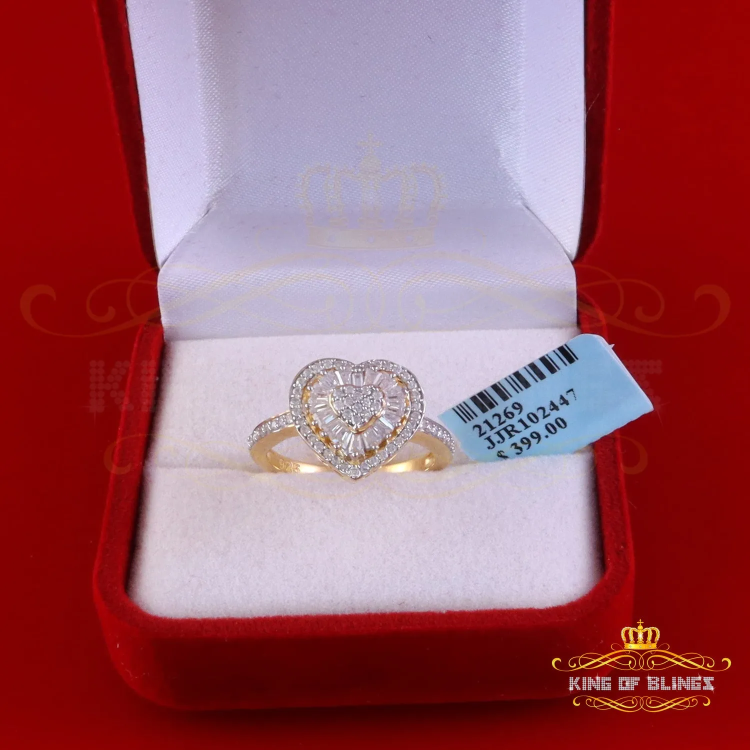 King of Bling's Women's 925 Yellow Silver 1.00ct VVS 'D' Baguette Moissanite Heart Ring Size 7