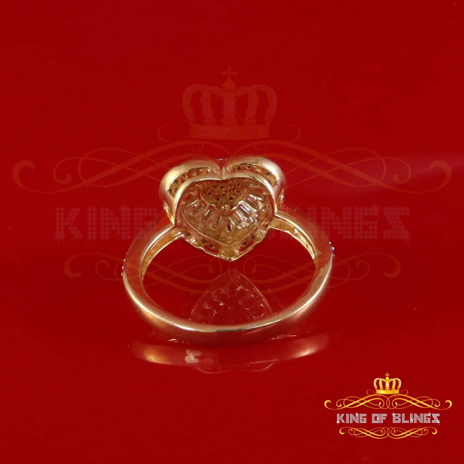 King of Bling's Women's 925 Yellow Silver 1.00ct VVS 'D' Baguette Moissanite Heart Ring Size 7