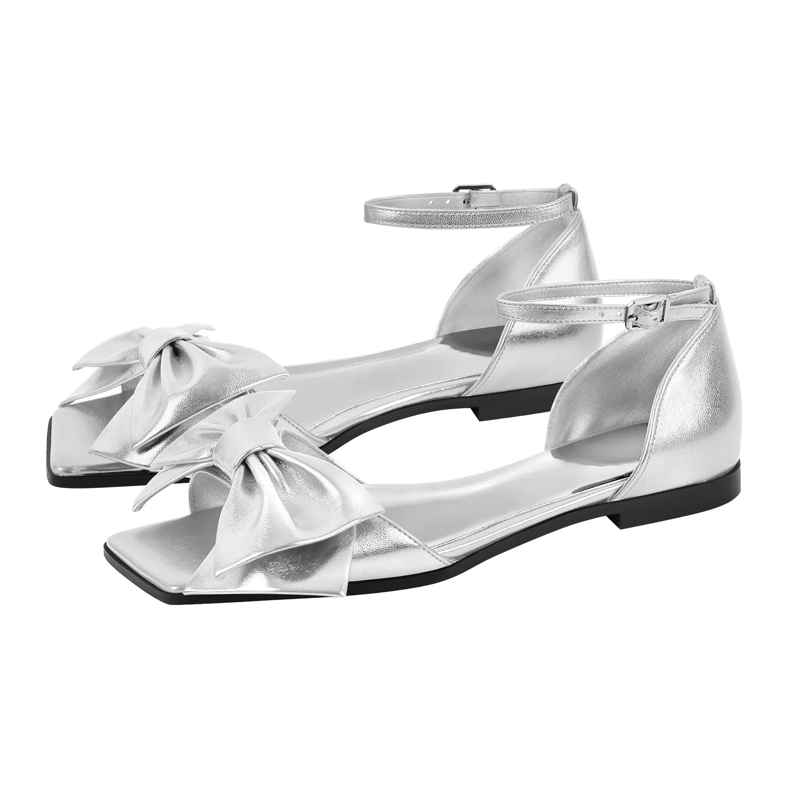 Metallic Bow Peep Toe Buckle Strap Flats