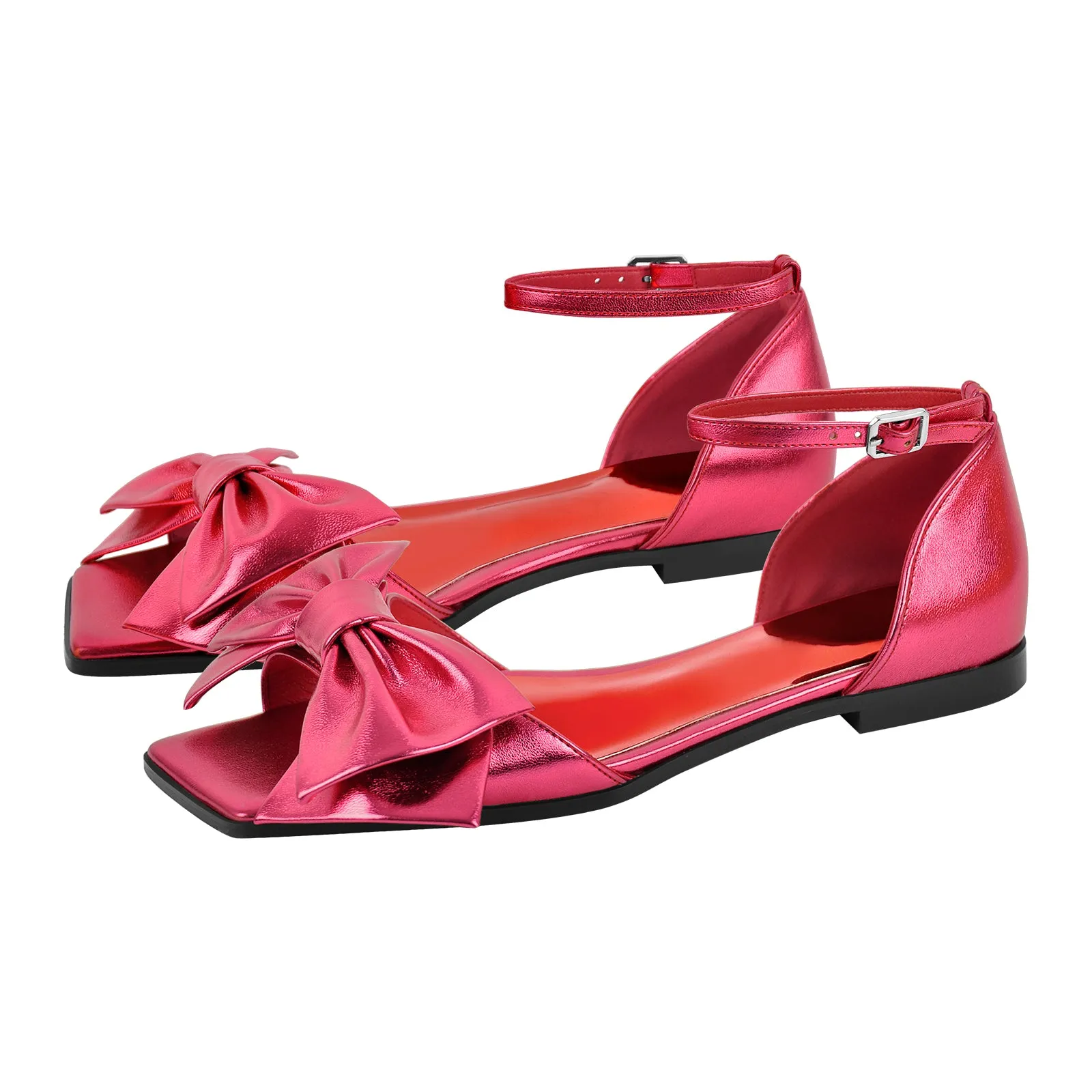 Metallic Bow Peep Toe Buckle Strap Flats