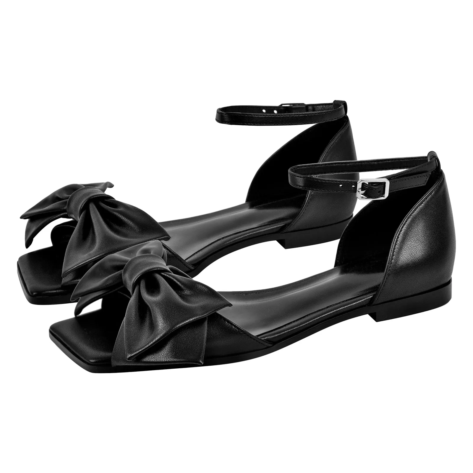 Metallic Bow Peep Toe Buckle Strap Flats