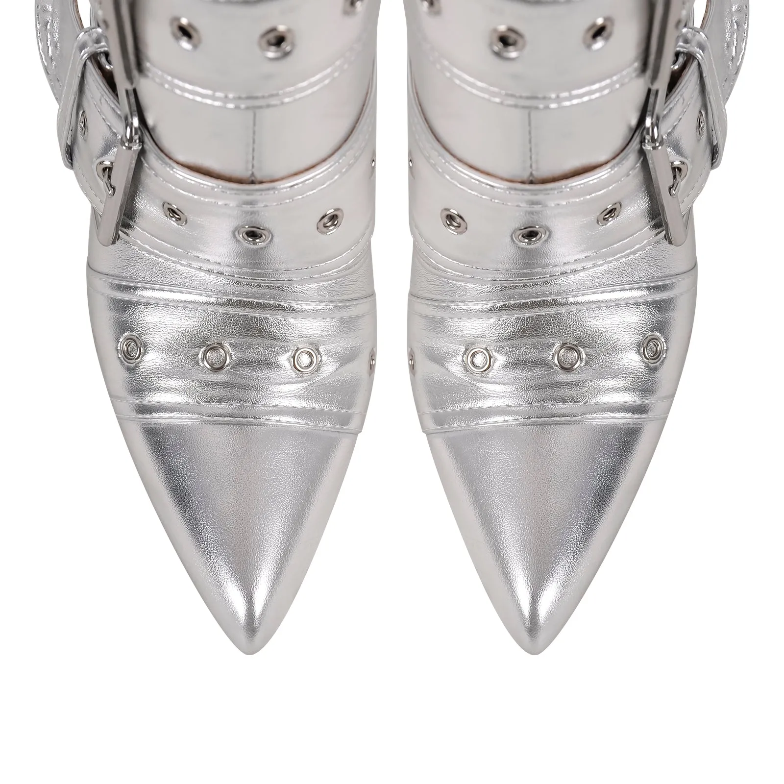 Metallic Pointed Toe Buckles Stiletto Ankle Boots