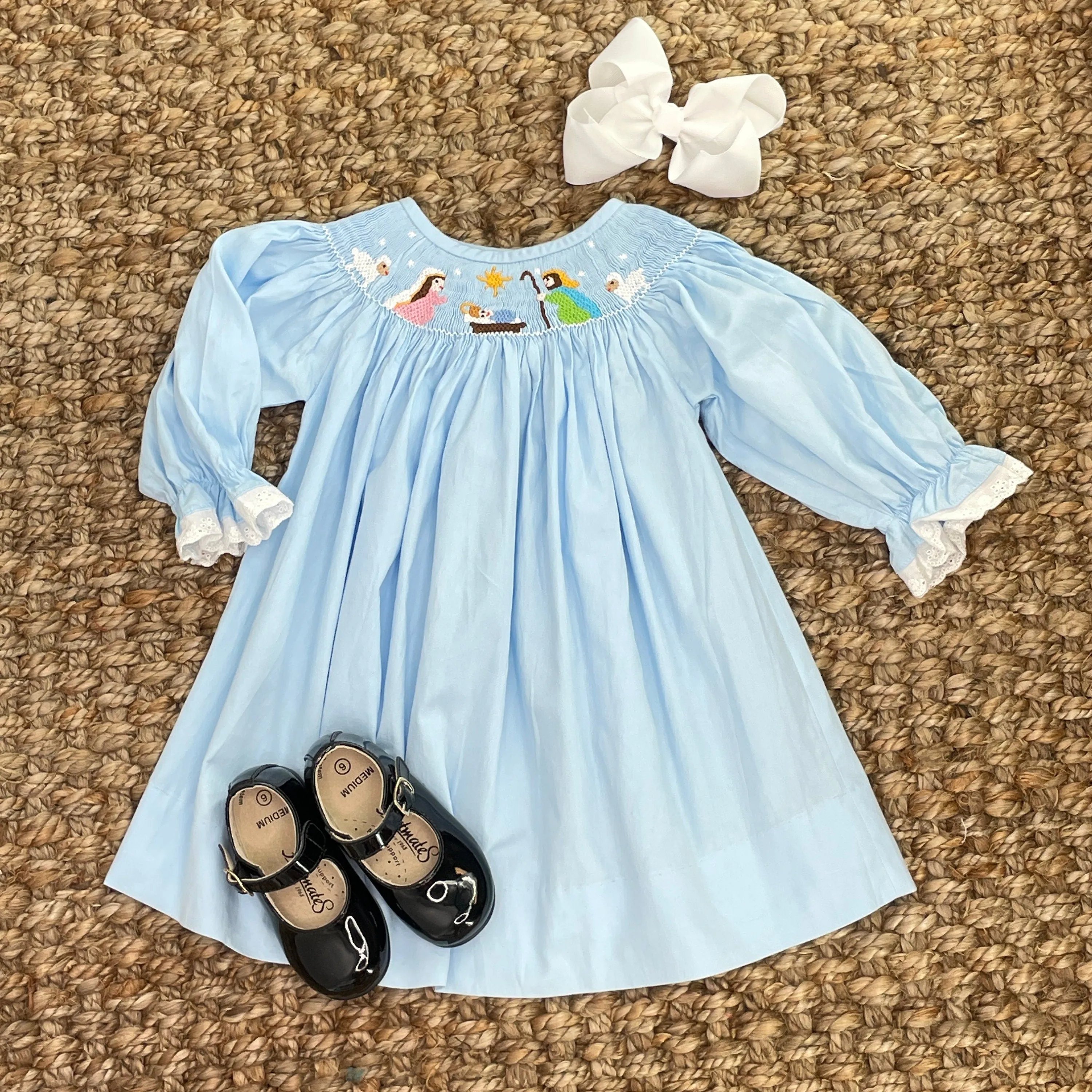 Nativity Christmas Smocked Bishop Dress in Light Blue