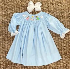 Nativity Christmas Smocked Bishop Dress in Light Blue