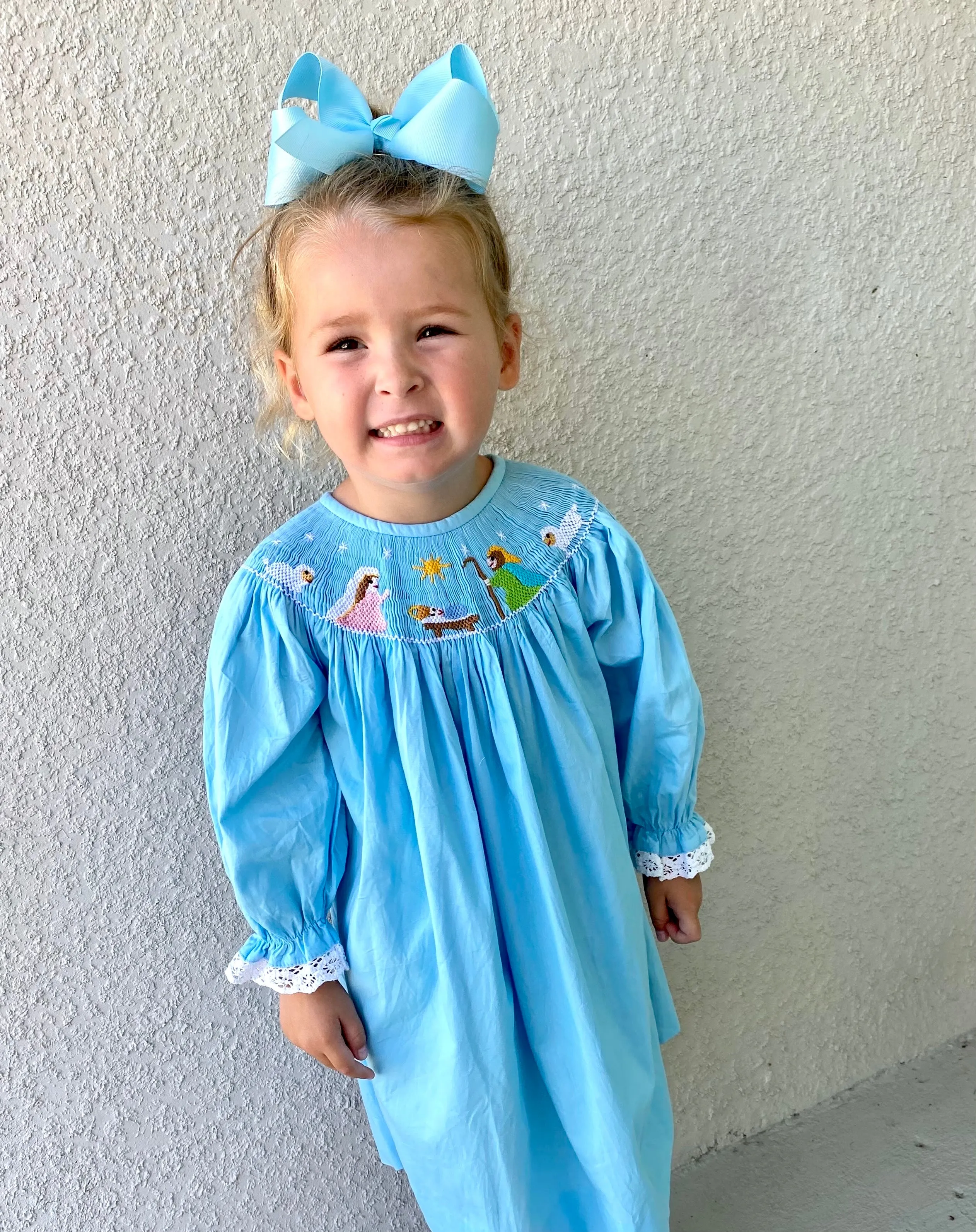 Nativity Christmas Smocked Bishop Dress in Light Blue