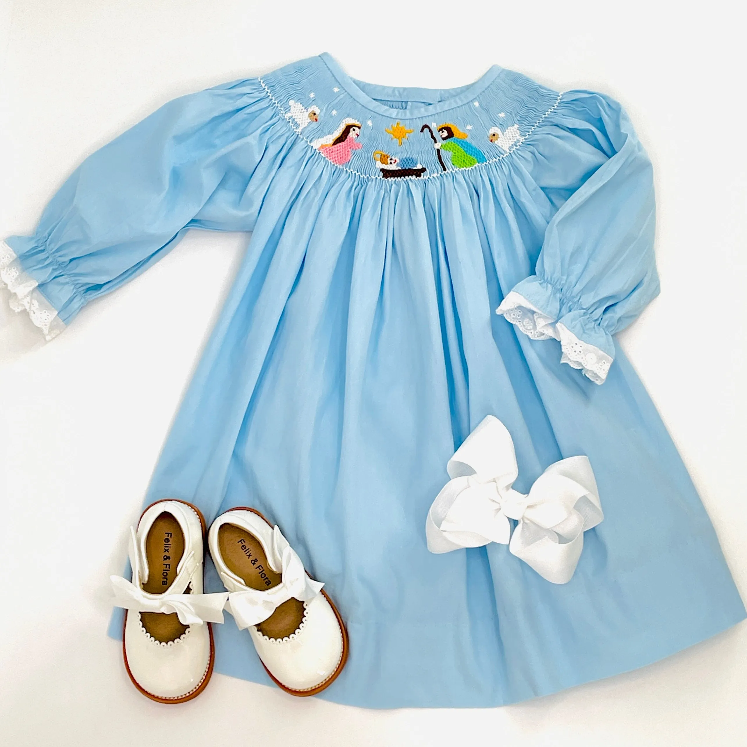 Nativity Christmas Smocked Bishop Dress in Light Blue