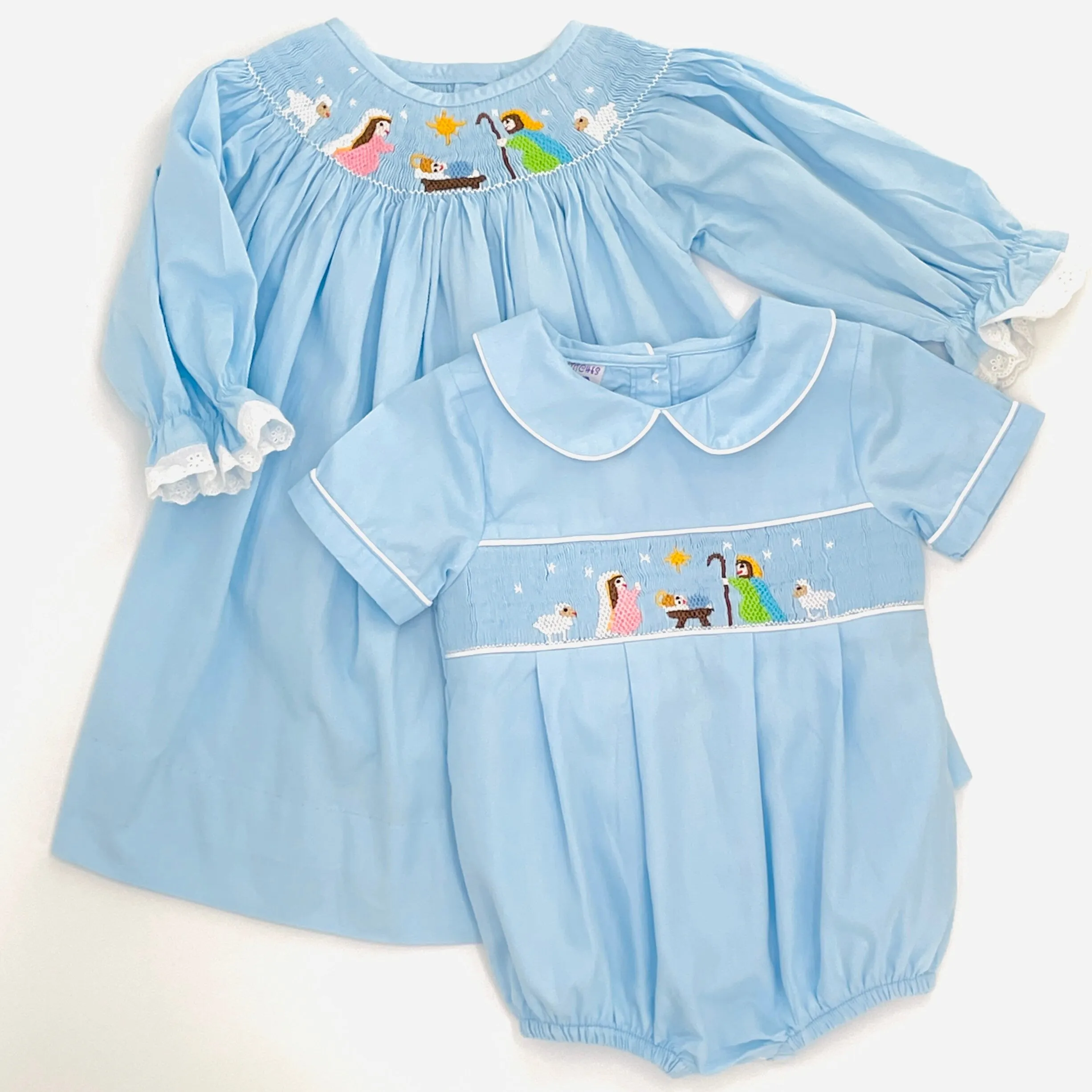 Nativity Christmas Smocked Bishop Dress in Light Blue