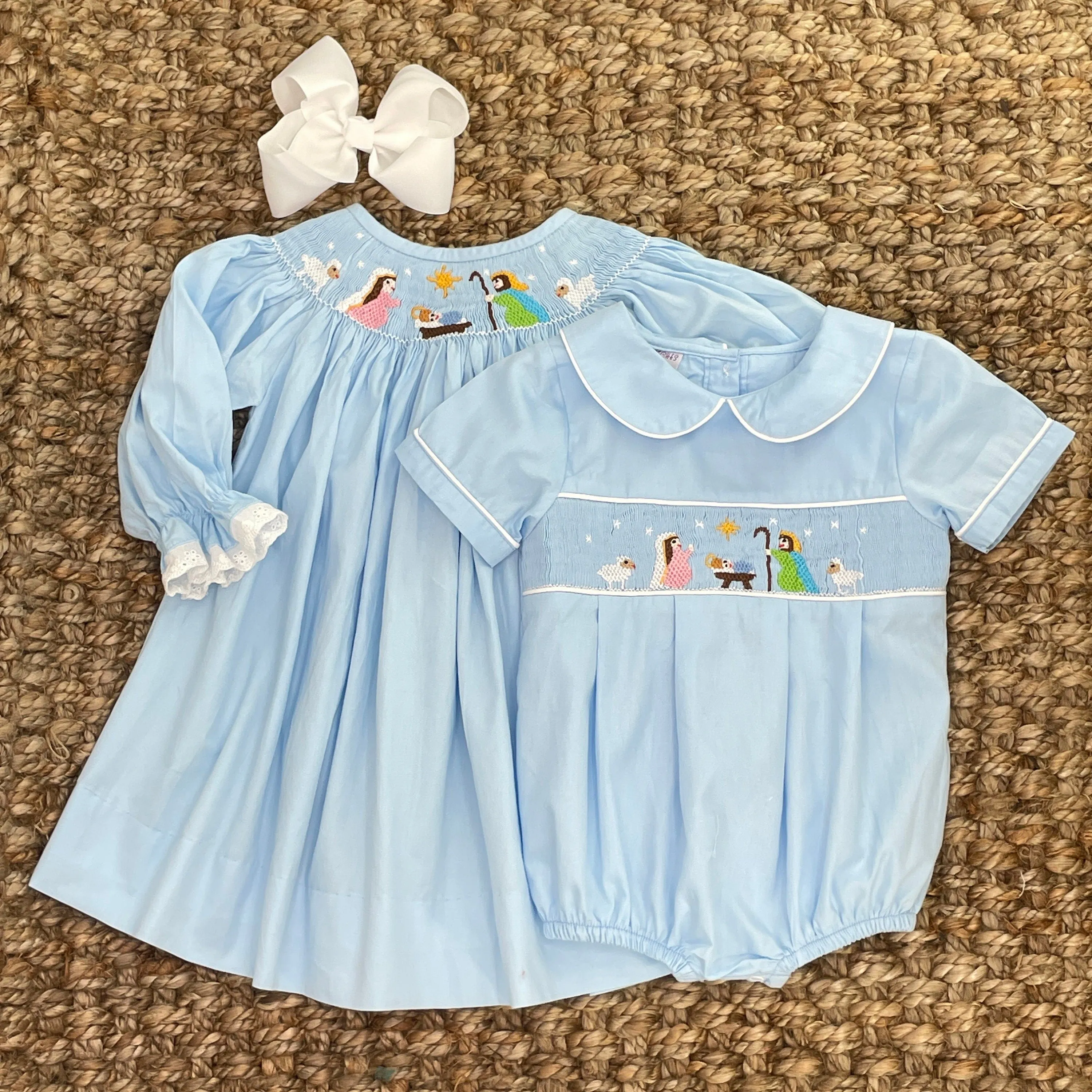 Nativity Christmas Smocked Bishop Dress in Light Blue