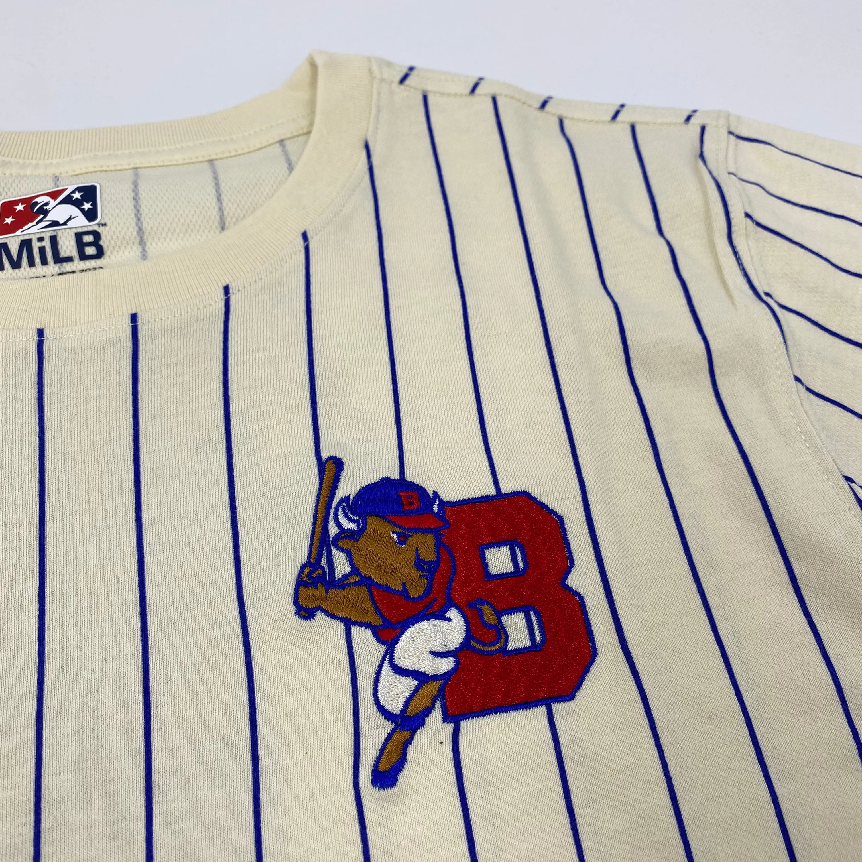 New Era Buffalo Bisons Cream and Blue Pinstripe Short Sleeve Shirt