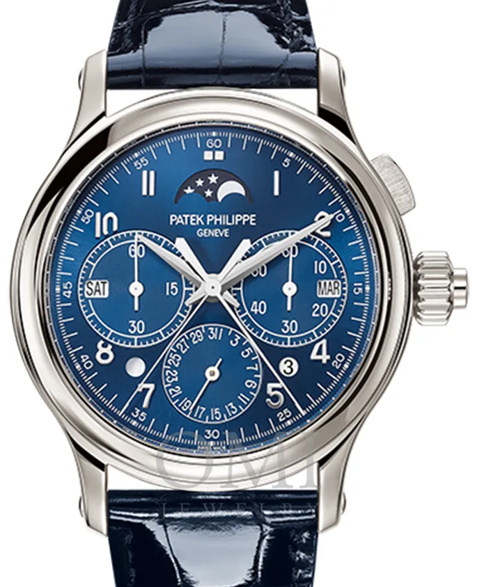 PATEK PHILIPPE GRAND COMPLICATIONS SPLIT-SECONDS CHRONOGRAPH PERPETUAL CALENDAR PLATINUM BLUE DIAL 5372P-001 WITH LEATHER STRAP