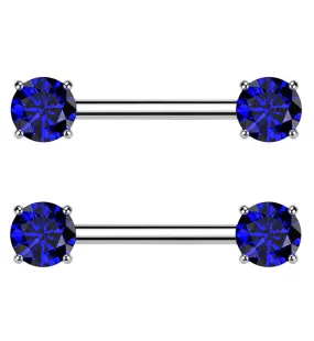 Prong Blue CZ Threadless Titanium Nipple Barbells