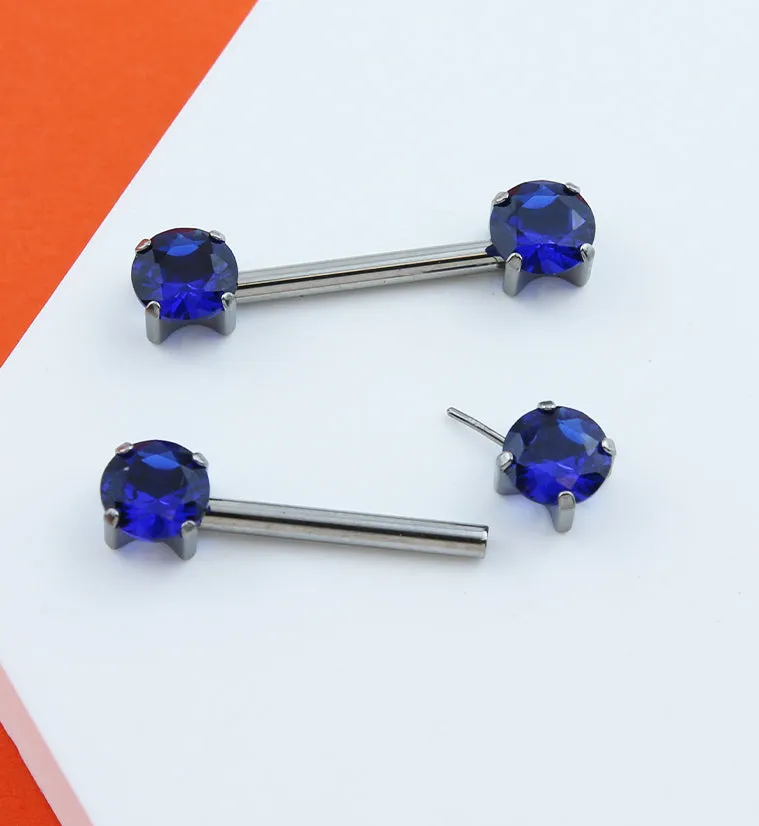 Prong Blue CZ Threadless Titanium Nipple Barbells