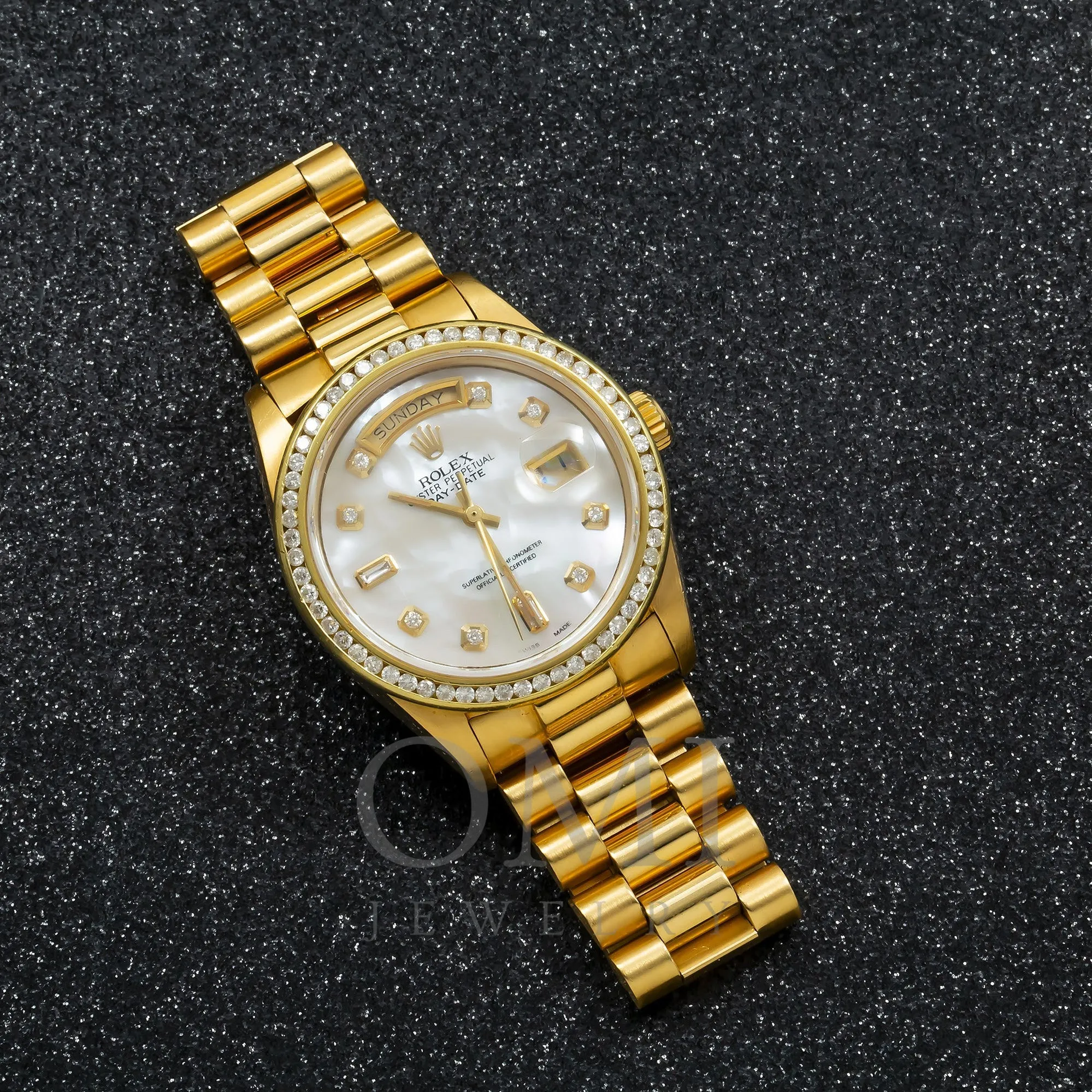 Rolex Day-Date 18038 36MM Mother Of Pearl Diamond Dial With Yellow Gold Diamond Bezel