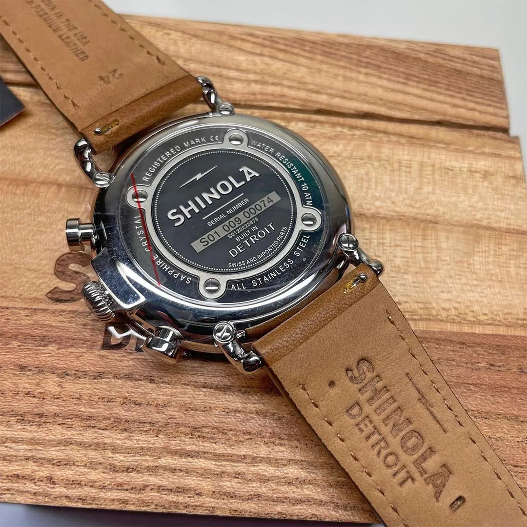 Shinola 47MM Runwell Slate Blue Dial 2-Eye Chronograph British Tan Leather Watch S0120223879