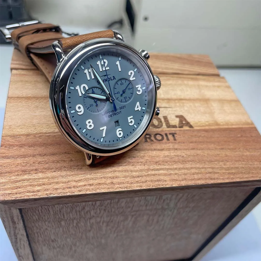 Shinola 47MM Runwell Slate Blue Dial 2-Eye Chronograph British Tan Leather Watch S0120223879