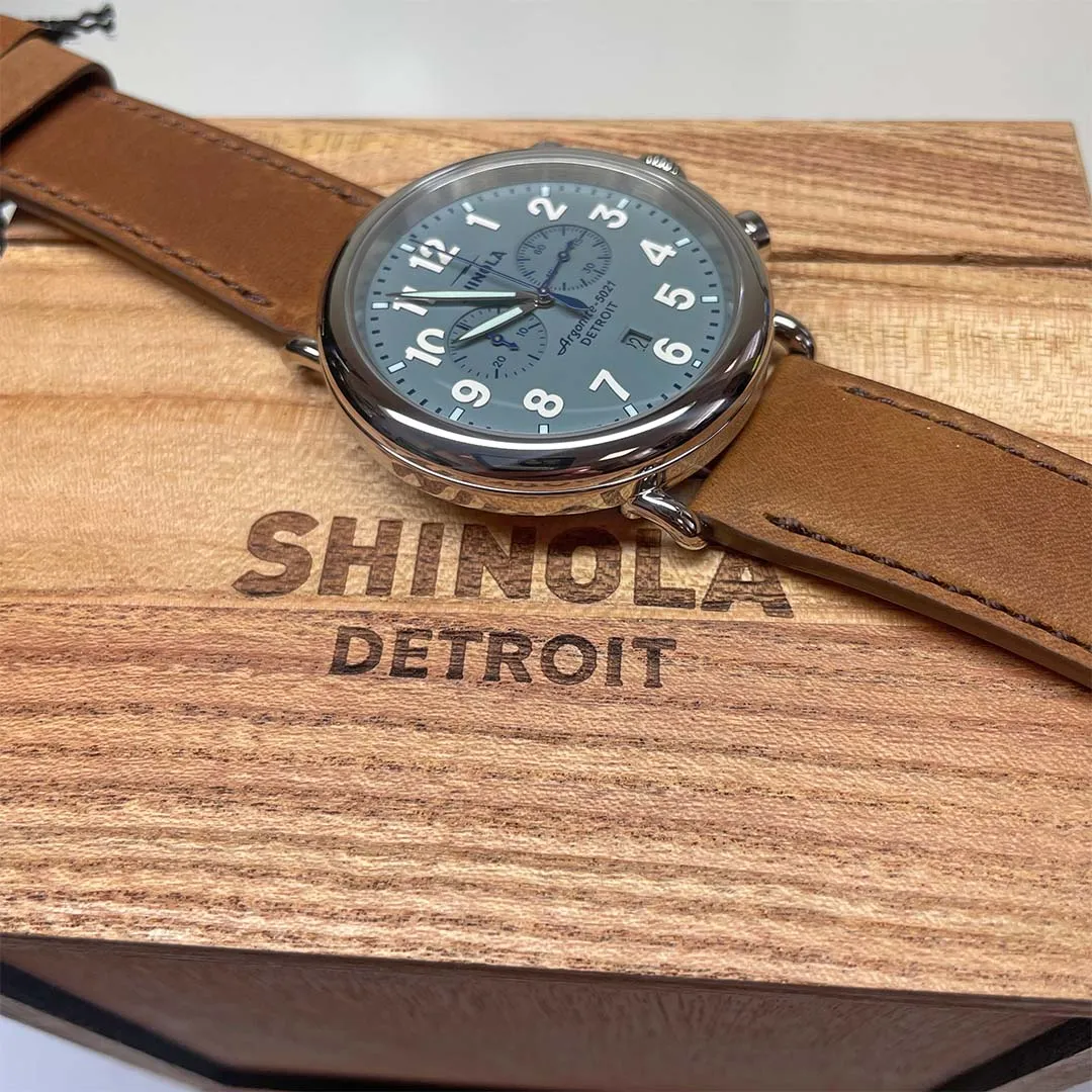 Shinola 47MM Runwell Slate Blue Dial 2-Eye Chronograph British Tan Leather Watch S0120223879