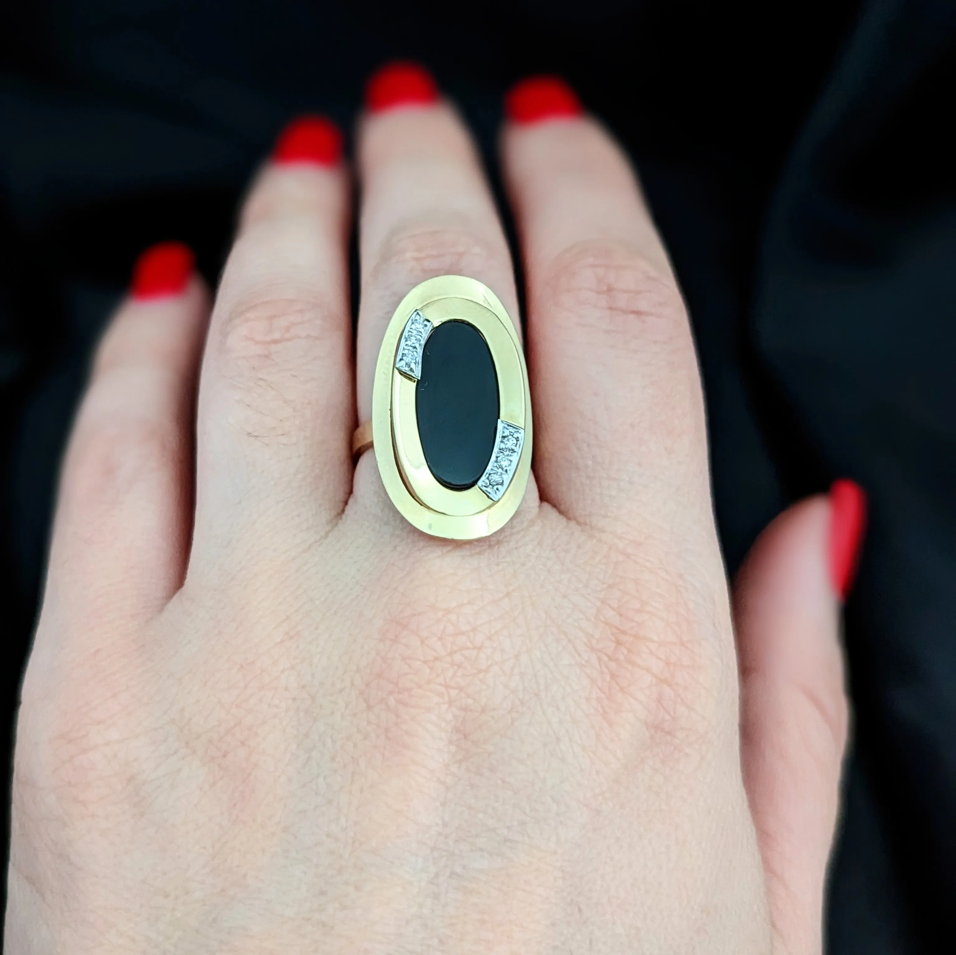 The Galveston - Vintage Onyx Diamond 14k Gold Modernistic Cocktail Ring c.1970s