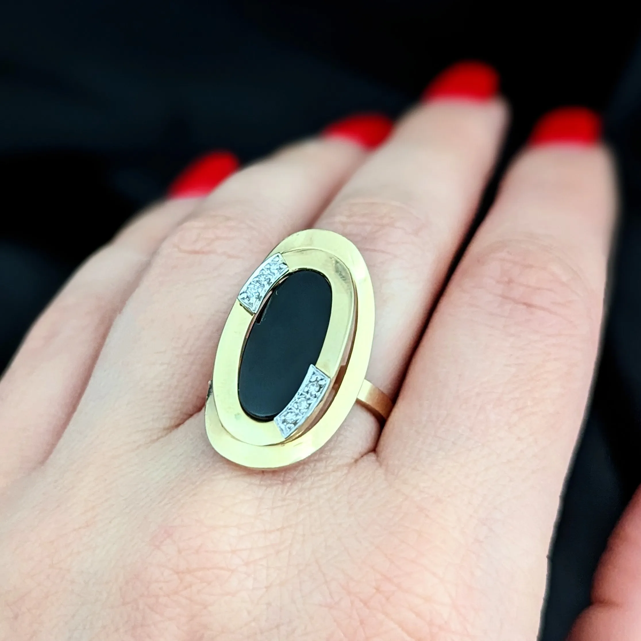 The Galveston - Vintage Onyx Diamond 14k Gold Modernistic Cocktail Ring c.1970s