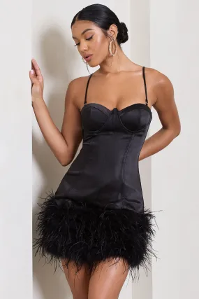 Vampira | Black Satin Corset Feather Mini Dress