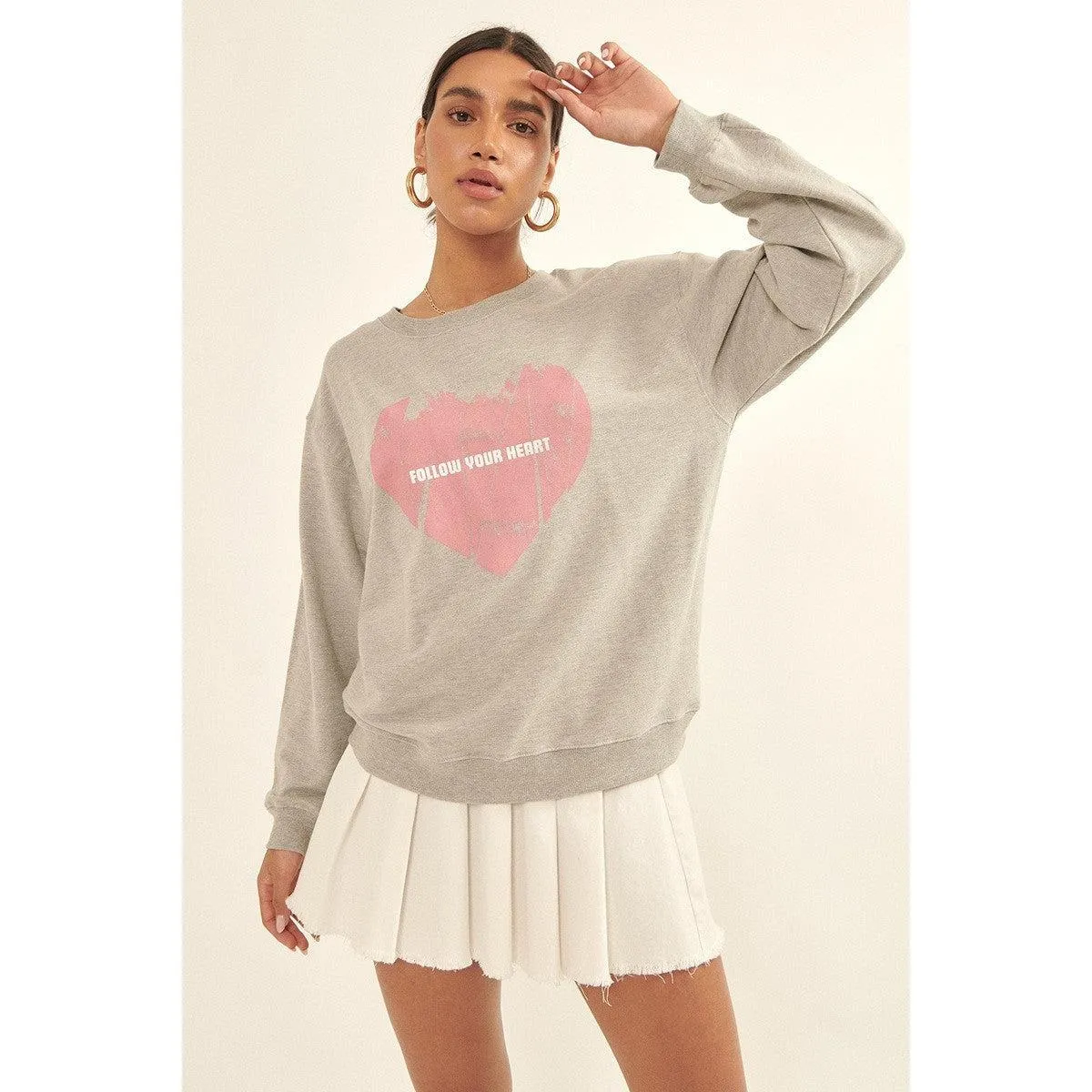 Vintage-style Heart Graphic Print French Terry Knit Sweatshirt