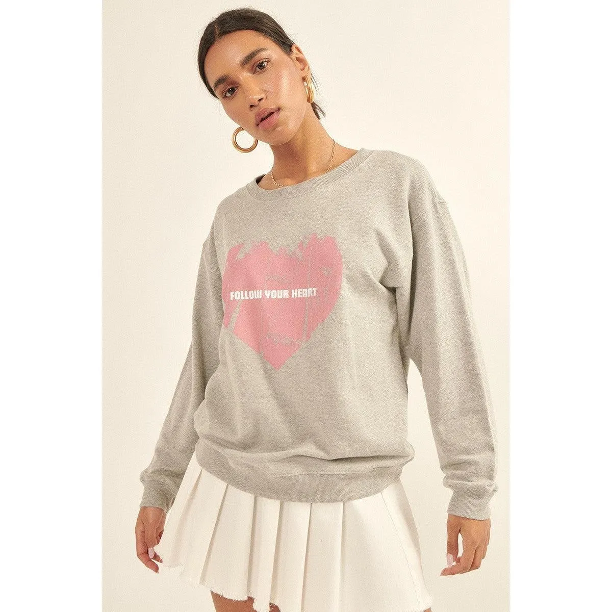 Vintage-style Heart Graphic Print French Terry Knit Sweatshirt